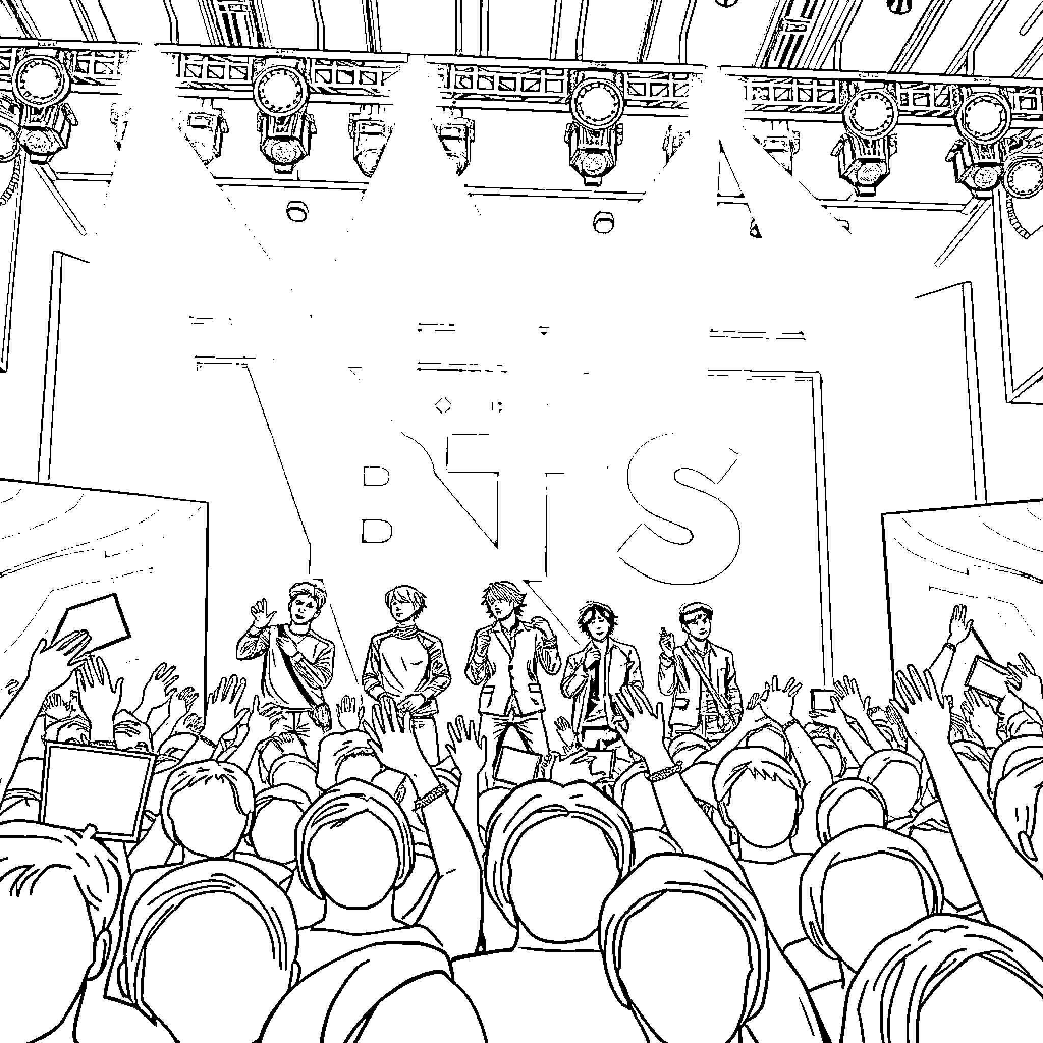BTS members performing on stage with fans Coloring Page (free black-and-white line drawing printable PDF for all, from beginners to advanced learners, including children, teens, adults, and seniors)