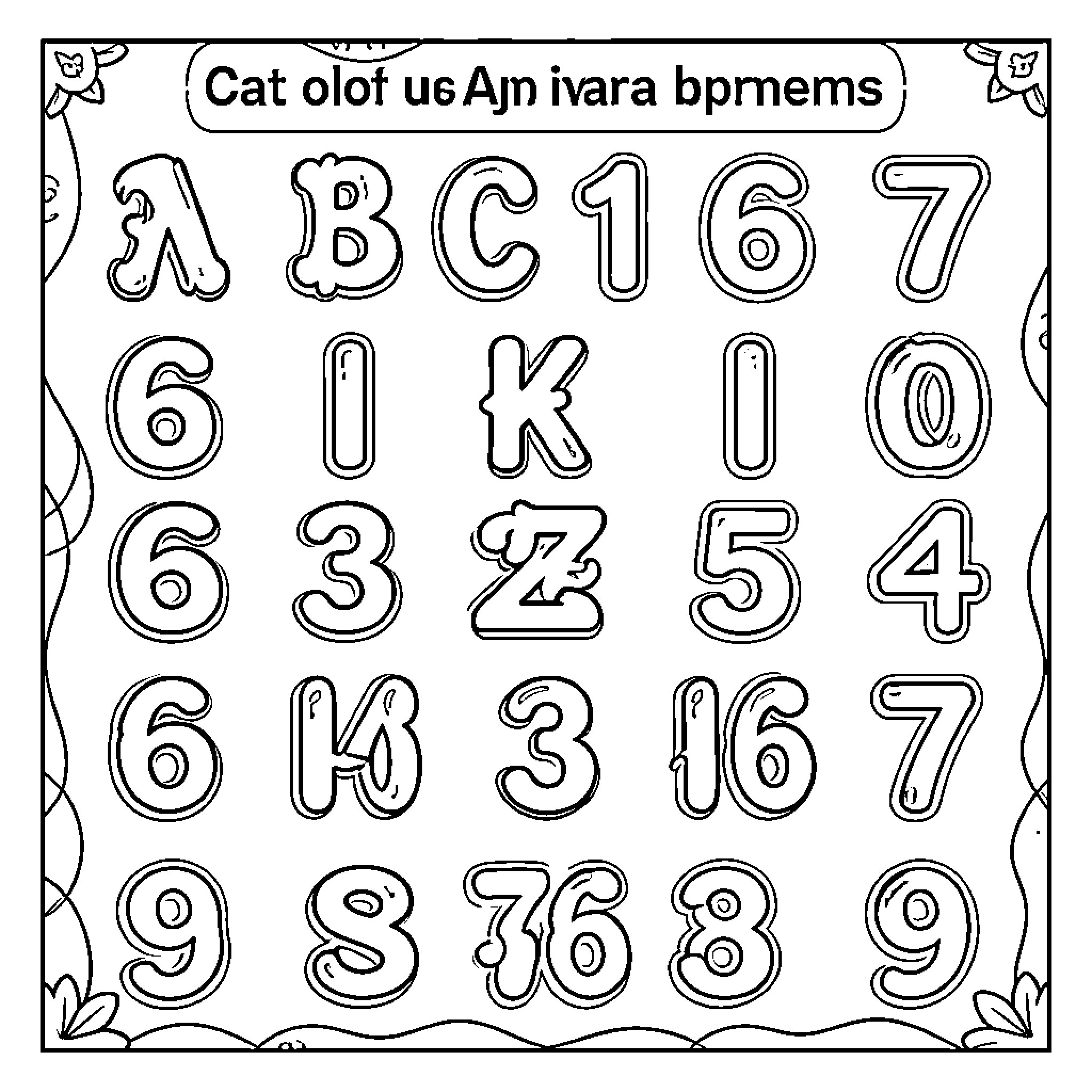 Number alphabet and number characters Coloring Page (free black-and-white line drawing printable PDF for all, from beginners to advanced learners, including children, teens, adults, and seniors)