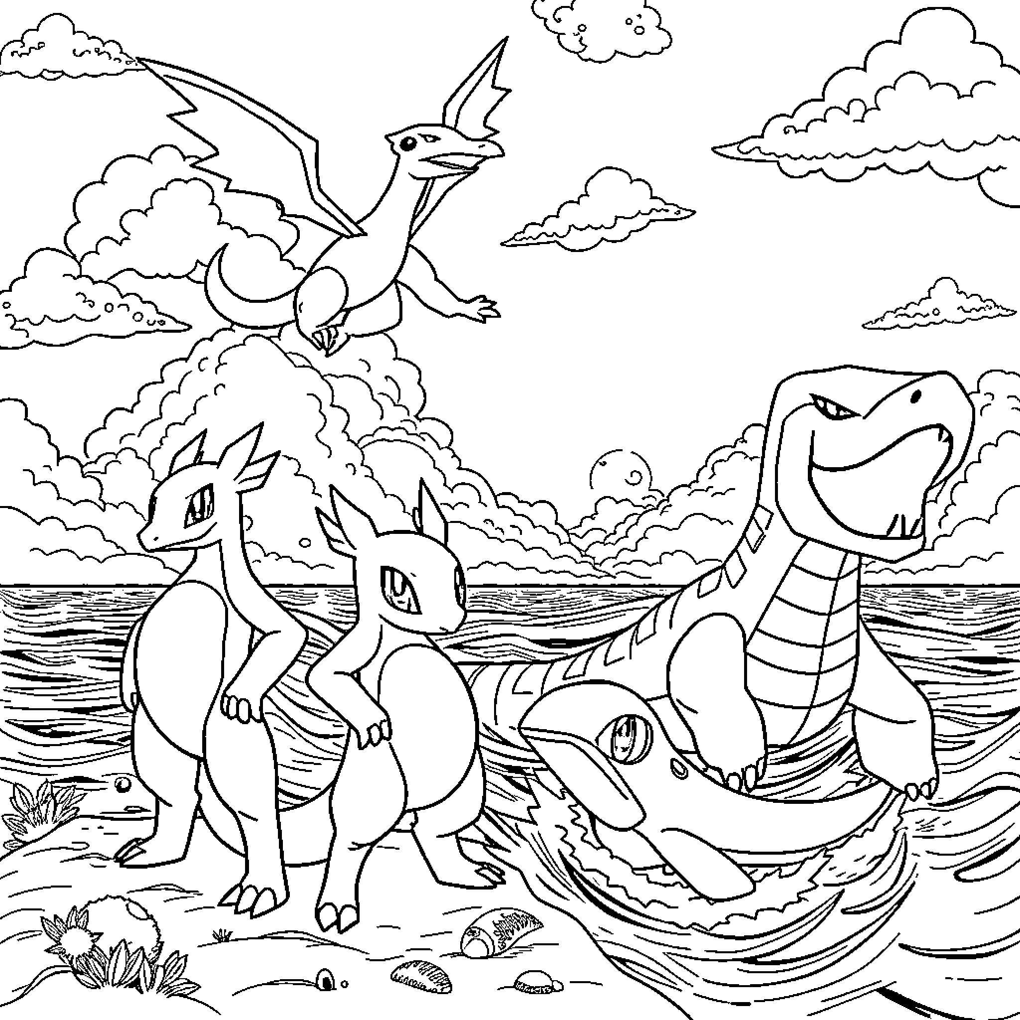 Lucario and dragon-like creatures in an aquatic scene Coloring Page (free black-and-white line drawing printable PDF for all, from beginners to advanced learners, including children, teens, adults, and seniors)