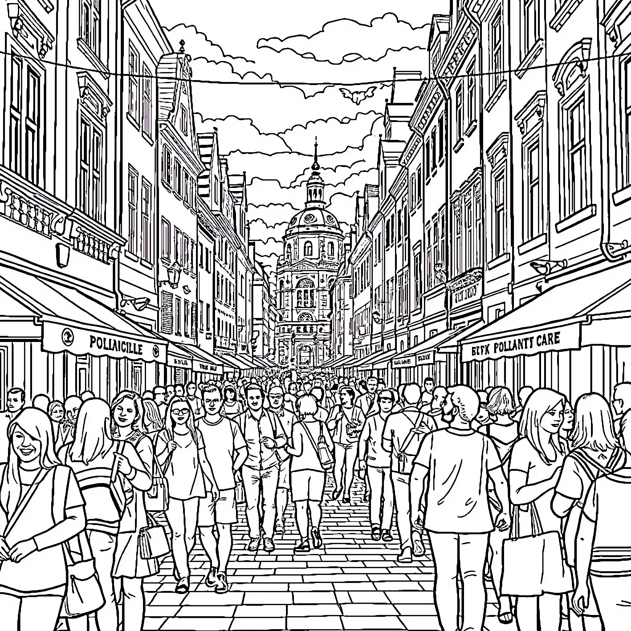 Polska: Bustling City Street with Architectural Landmarks Coloring Page (free black-and-white line drawing printable PDF for all, from beginners to advanced learners, including children, teens, adults, and seniors)