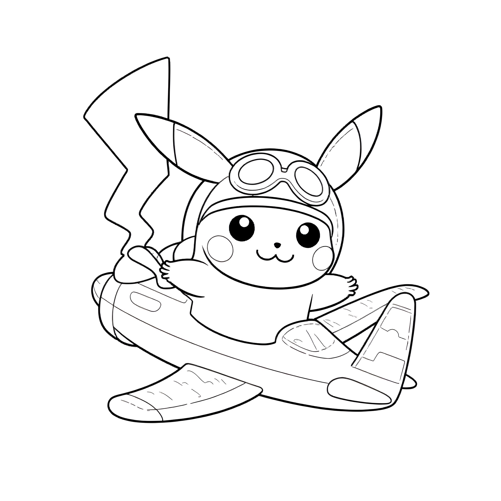 Pikachu flying in a toy airplane Coloring Page (free black-and-white line drawing printable PDF for all, from beginners to advanced learners, including children, teens, adults, and seniors)