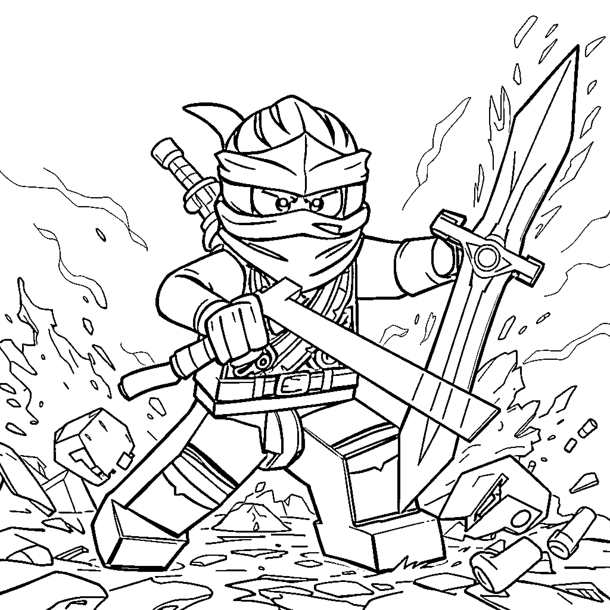 Kai's Heroic Ninja Adventure Coloring Page (free black-and-white line drawing printable PDF for all, from beginners to advanced learners, including children, teens, adults, and seniors)