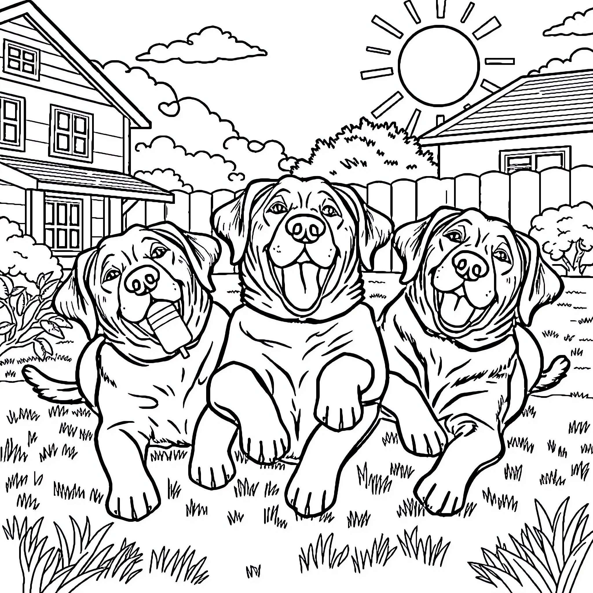 Lab Dogs Enjoying Outdoor Scenery Coloring Page (free black-and-white line drawing printable PDF for all, from beginners to advanced learners, including children, teens, adults, and seniors)