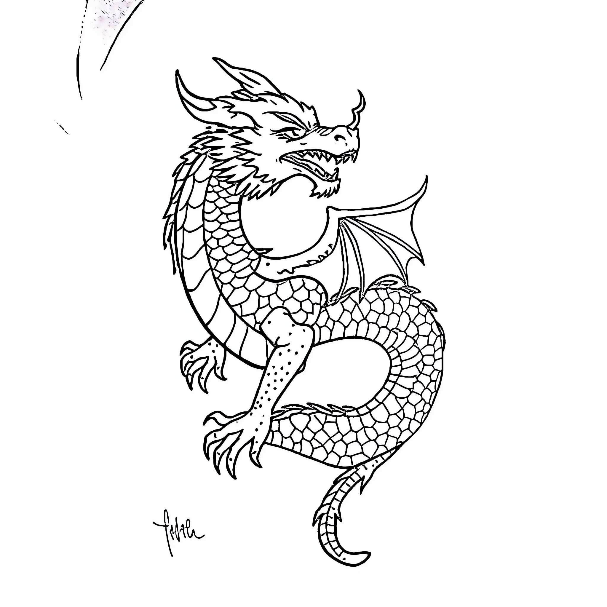 Tattoo of a fierce dragon in motion Coloring Page (free black-and-white line drawing printable PDF for all, from beginners to advanced learners, including children, teens, adults, and seniors)