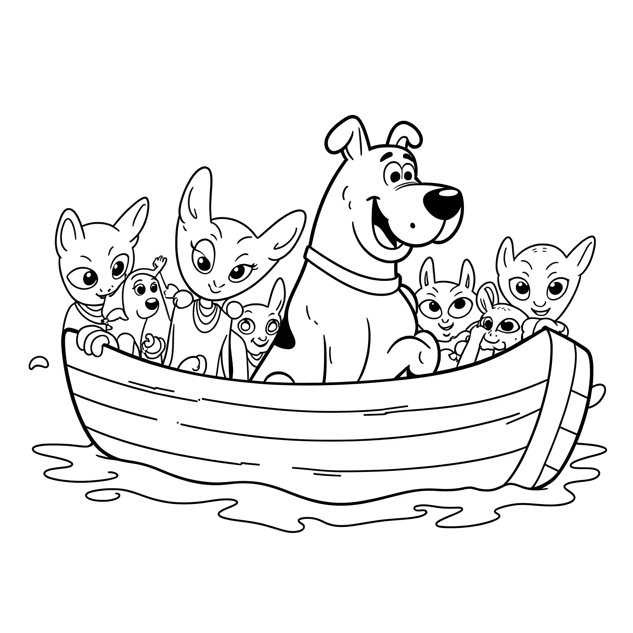 Scooby Doo and friends in a boat Coloring Page (free black-and-white line drawing printable PDF for all, from beginners to advanced learners, including children, teens, adults, and seniors)