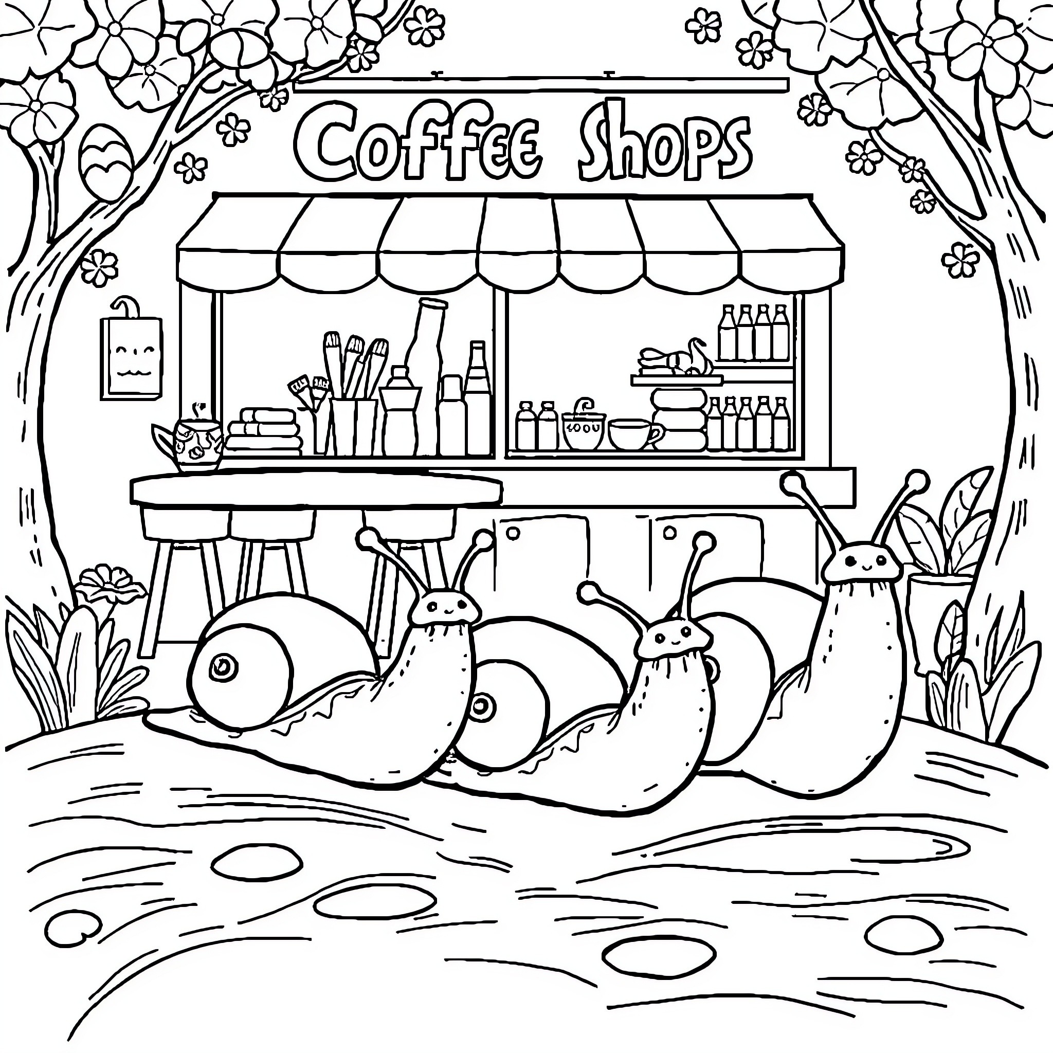 Slug Cafe with Whimsical Creatures Coloring Page (free black-and-white line drawing printable PDF for all, from beginners to advanced learners, including children, teens, adults, and seniors)