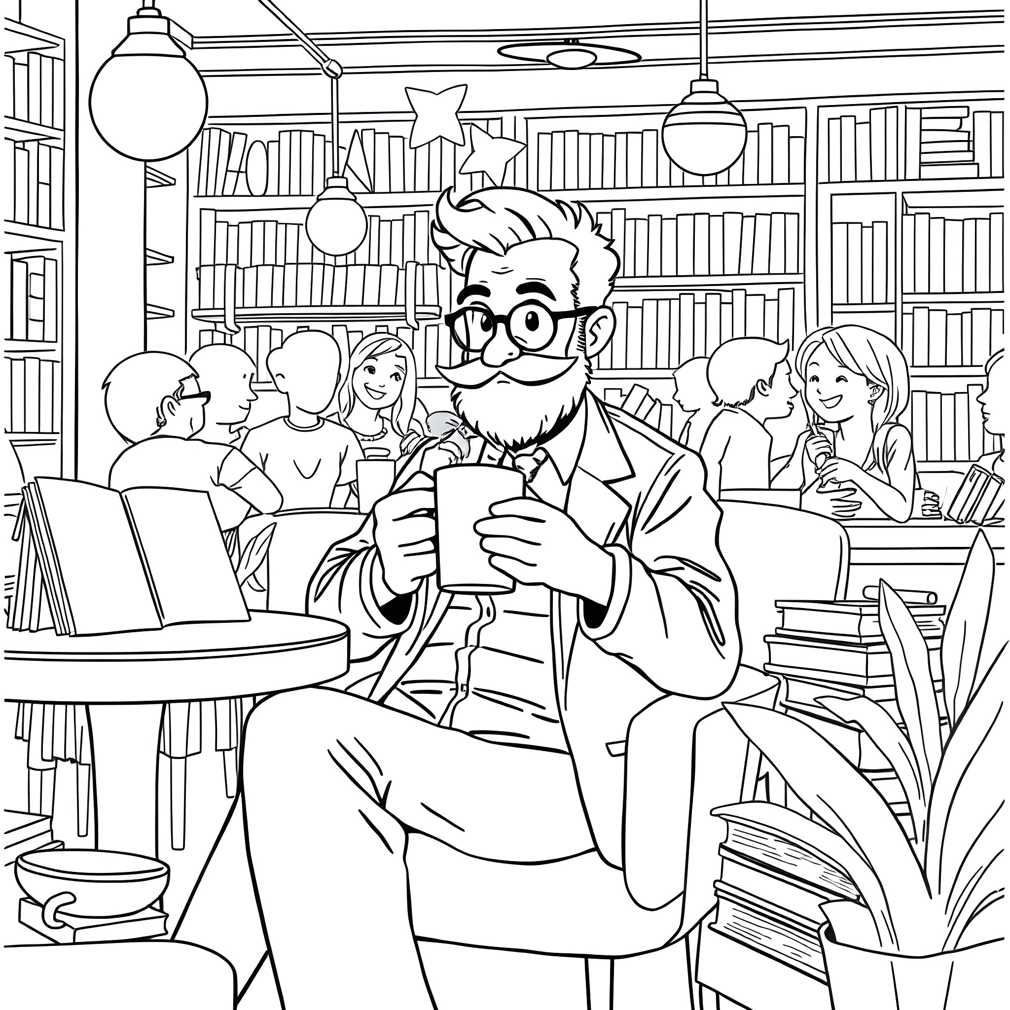 Dr. Muizzu in a cozy library with students Coloring Page (free black-and-white line drawing printable PDF for all, from beginners to advanced learners, including children, teens, adults, and seniors)