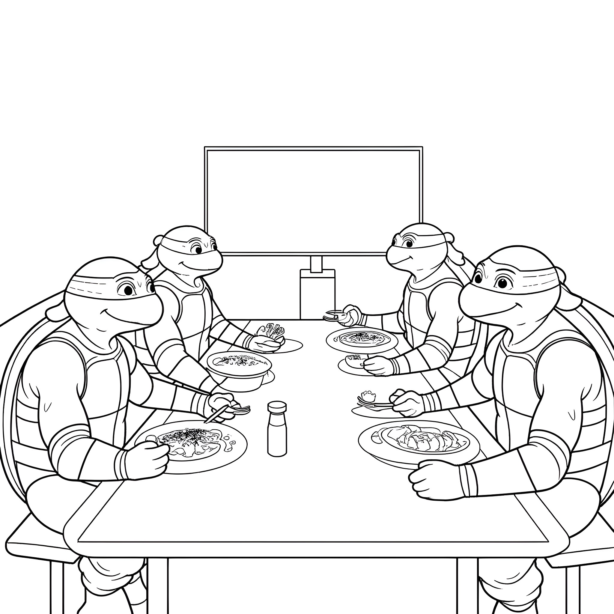 Ninja Turtles Enjoying a Meal Together Coloring Page (free black-and-white line drawing printable PDF for all, from beginners to advanced learners, including children, teens, adults, and seniors)