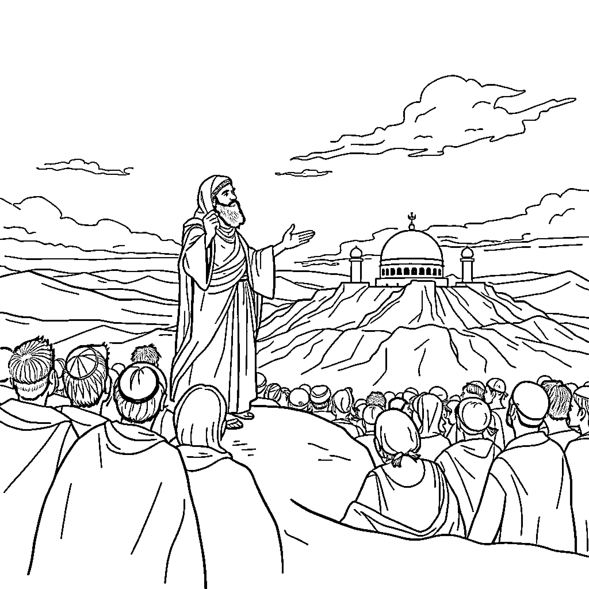 Prophet Muhammad preaching to a crowd in the desert Coloring Page (free black-and-white line drawing printable PDF for all, from beginners to advanced learners, including children, teens, adults, and seniors)