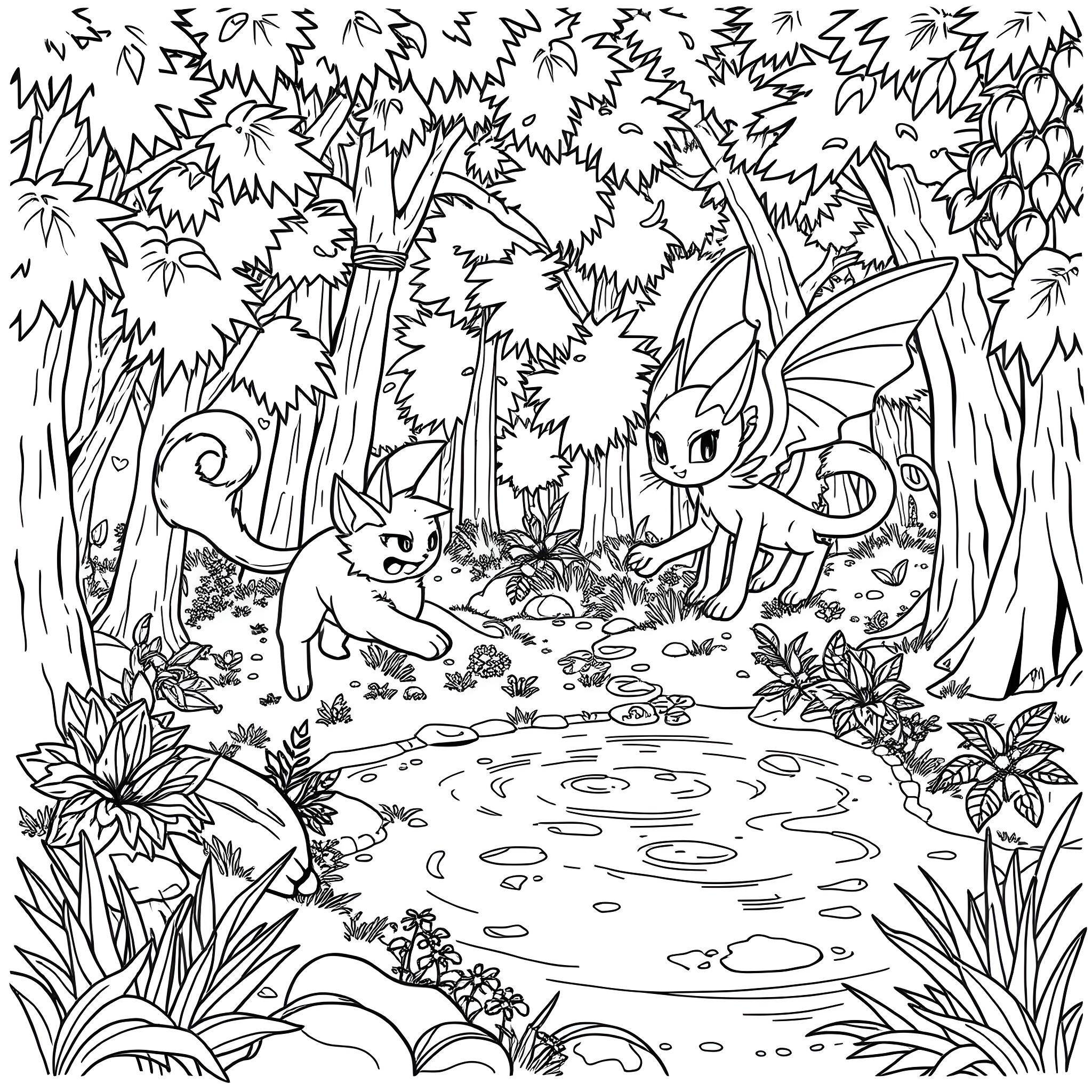 Meowscarada's Whimsical Forest Adventure Coloring Page (free black-and-white line drawing printable PDF for all, from beginners to advanced learners, including children, teens, adults, and seniors)