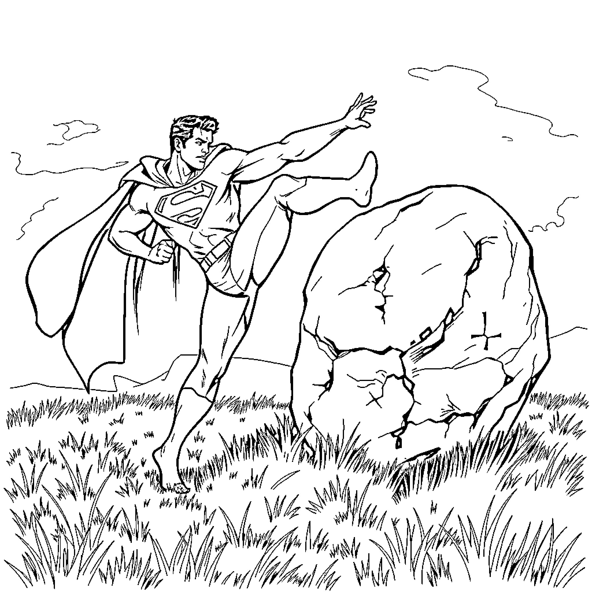Superman leaping over a large boulder in a field Coloring Page (free black-and-white line drawing printable PDF for all, from beginners to advanced learners, including children, teens, adults, and seniors)