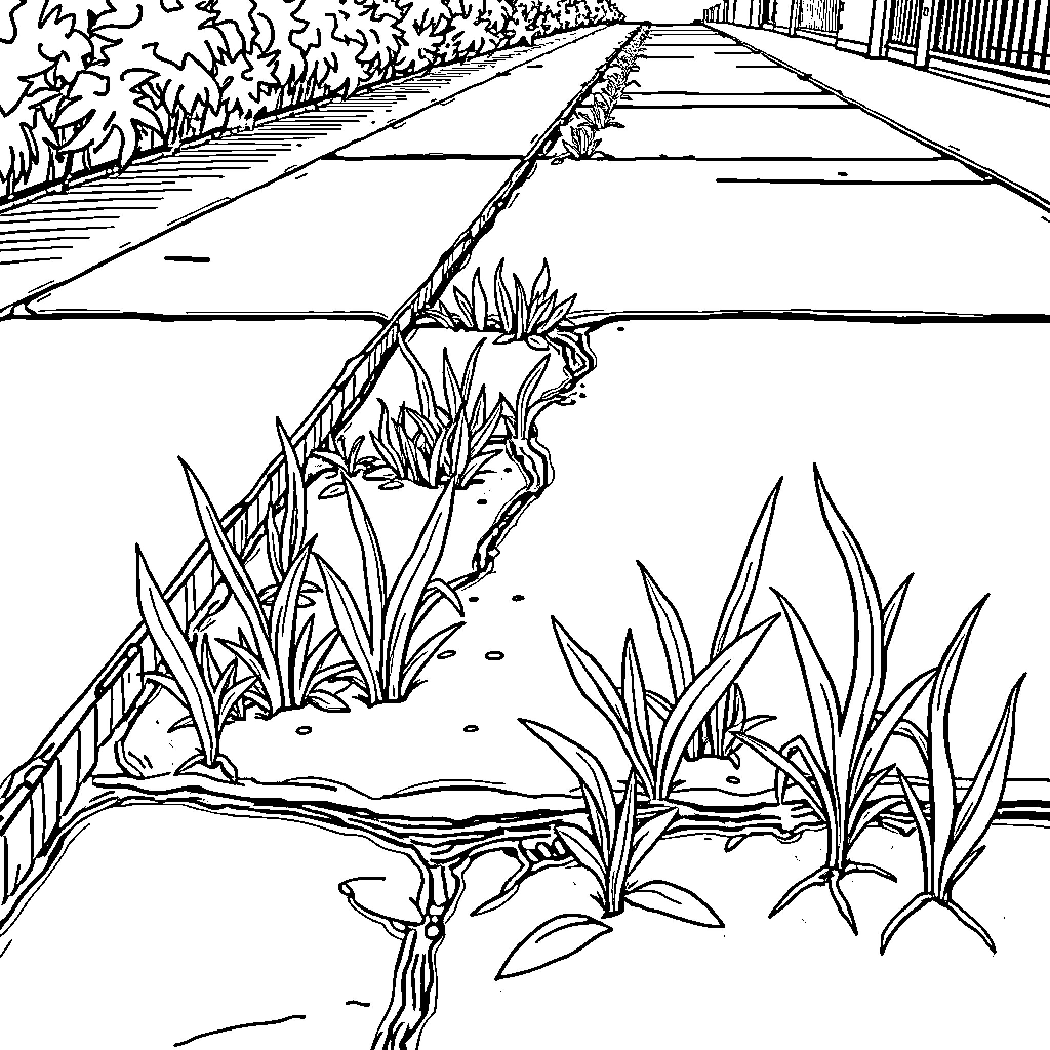 Weeds growing along a pathway Coloring Page (free black-and-white line drawing printable PDF for all, from beginners to advanced learners, including children, teens, adults, and seniors)
