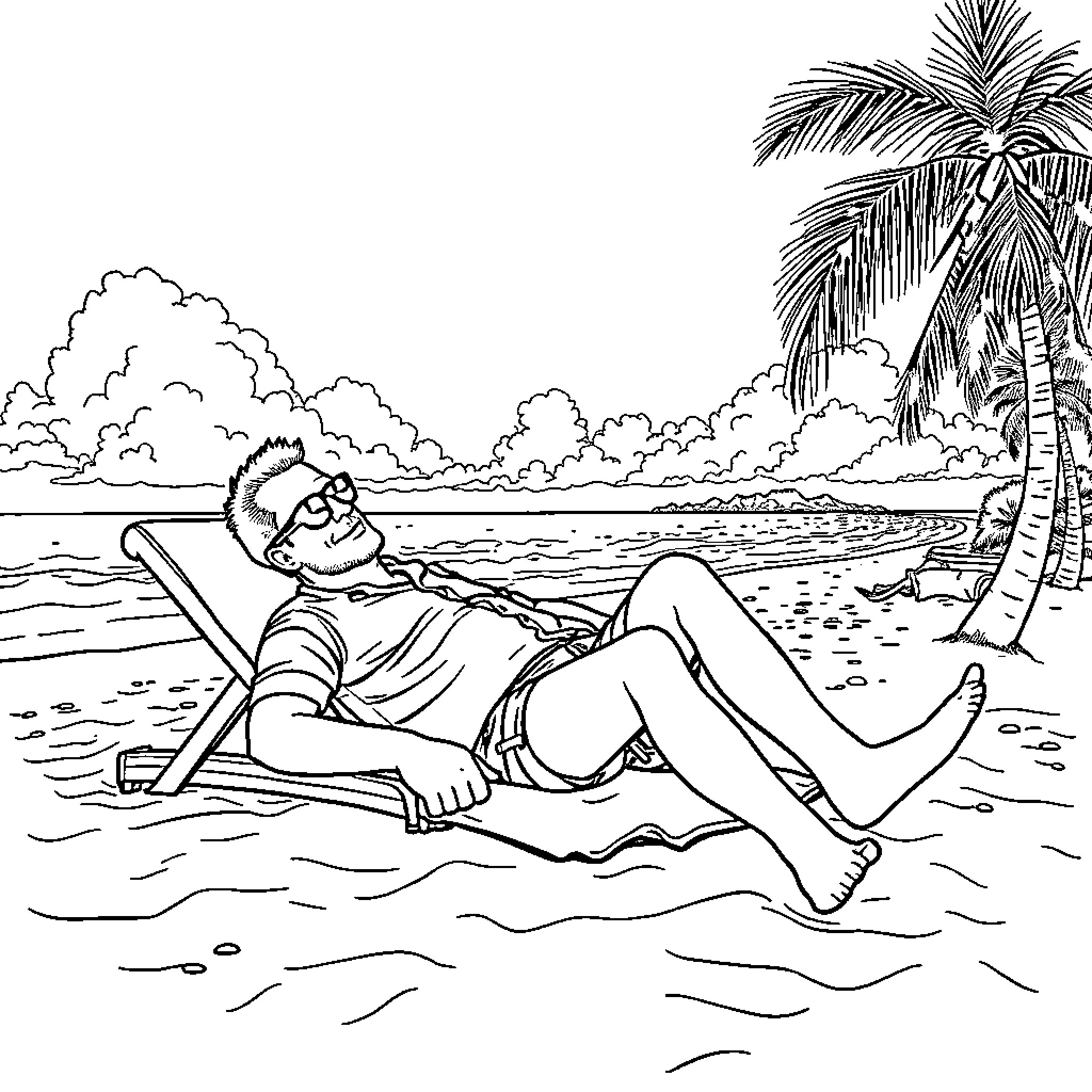 Gordon Chumway relaxing on a tropical beach Coloring Page (free black-and-white line drawing printable PDF for all, from beginners to advanced learners, including children, teens, adults, and seniors)