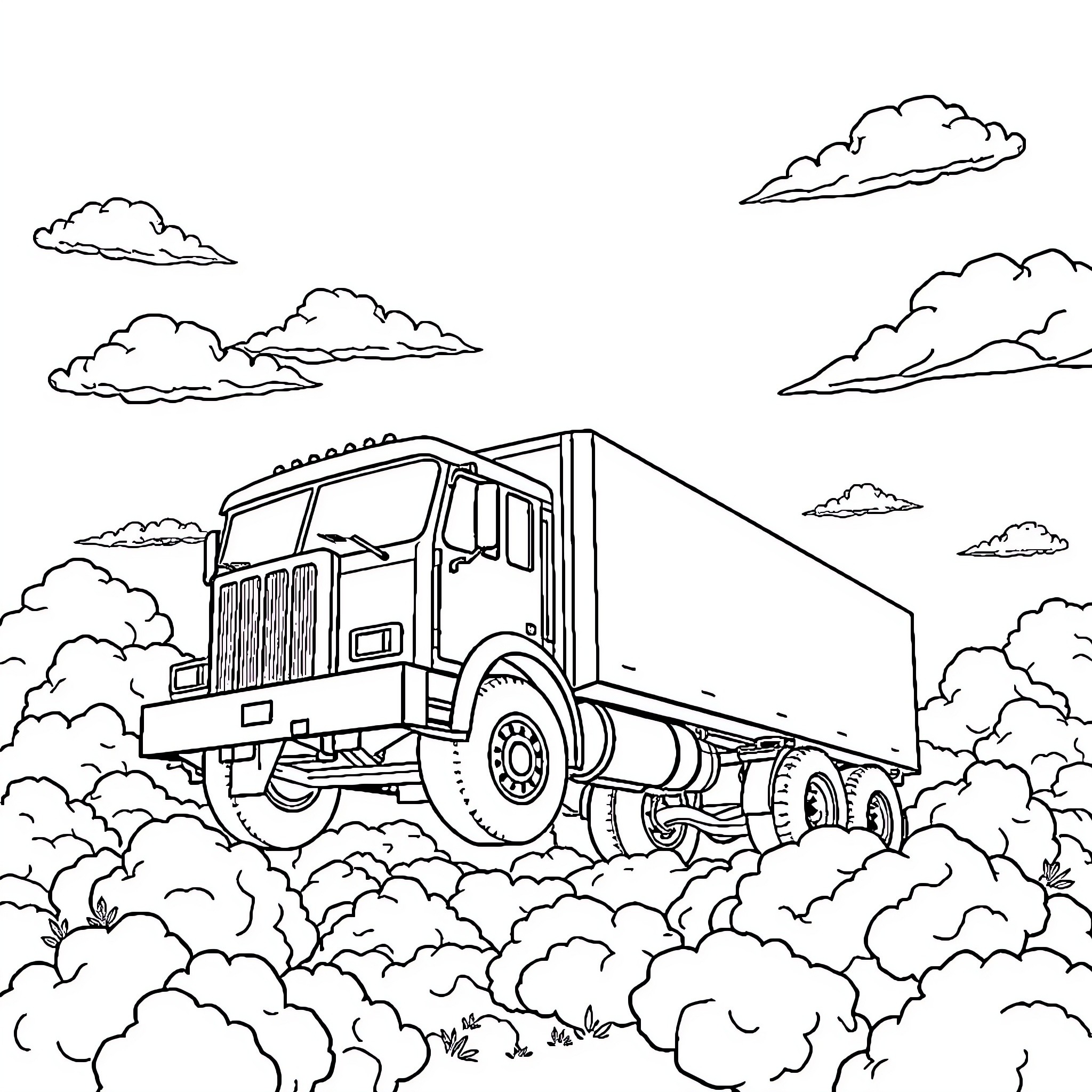 Truck driving through cloudy landscape Coloring Page (free black-and-white line drawing printable PDF for all, from beginners to advanced learners, including children, teens, adults, and seniors)