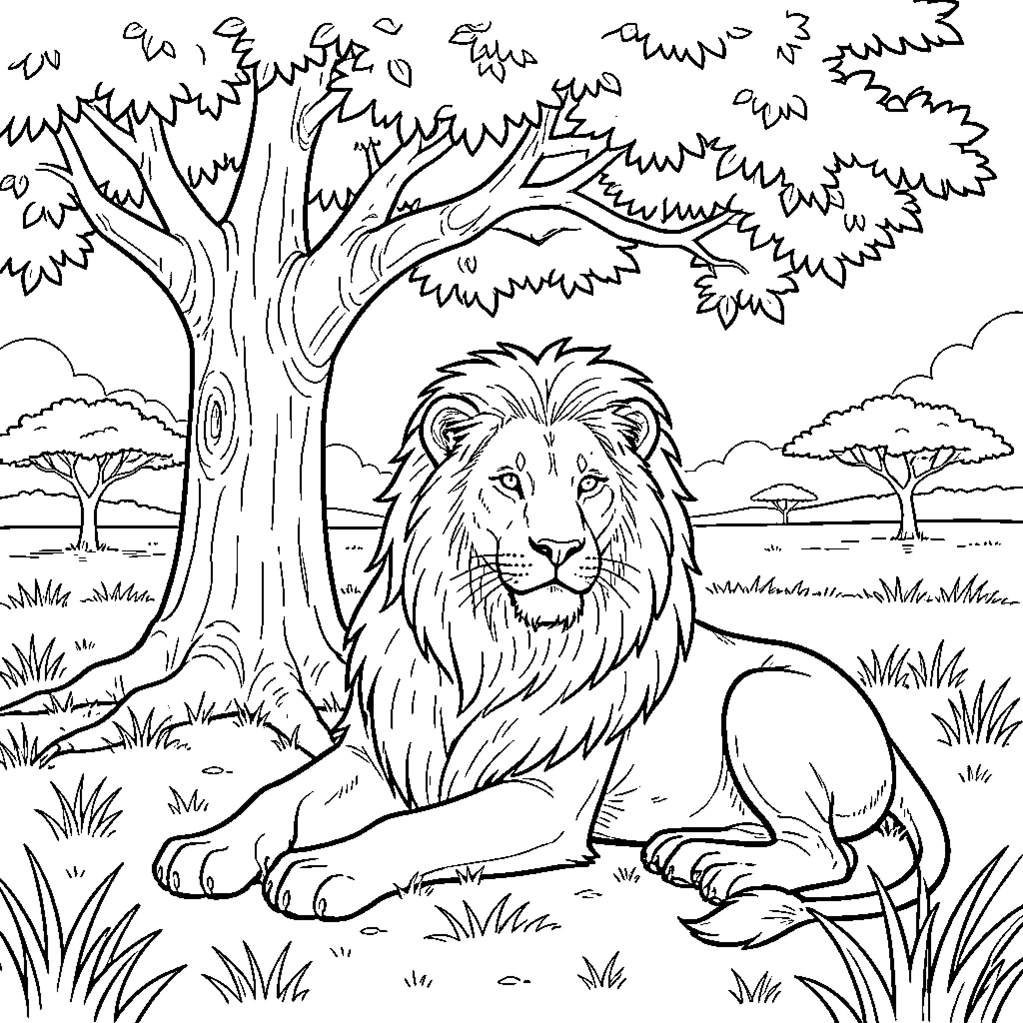 Lion lounging in the serene savanna Coloring Page (free black-and-white line drawing printable PDF for all, from beginners to advanced learners, including children, teens, adults, and seniors)