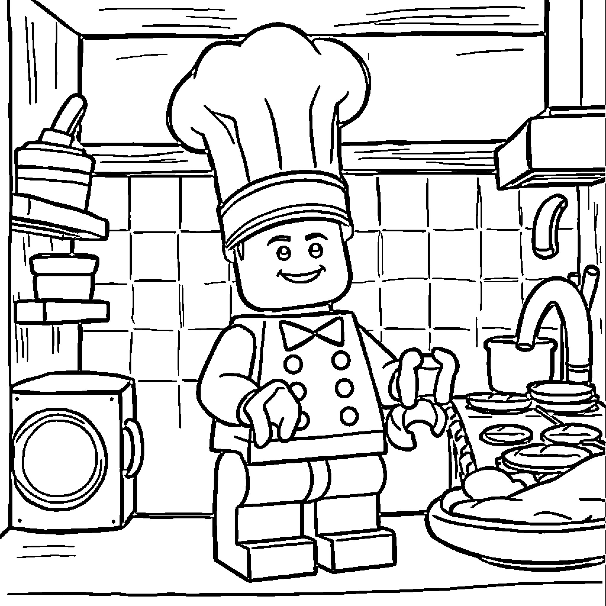 LEGO Figure in a Cooking Kitchen Scene Coloring Page (free black-and-white line drawing printable PDF for all, from beginners to advanced learners, including children, teens, adults, and seniors)