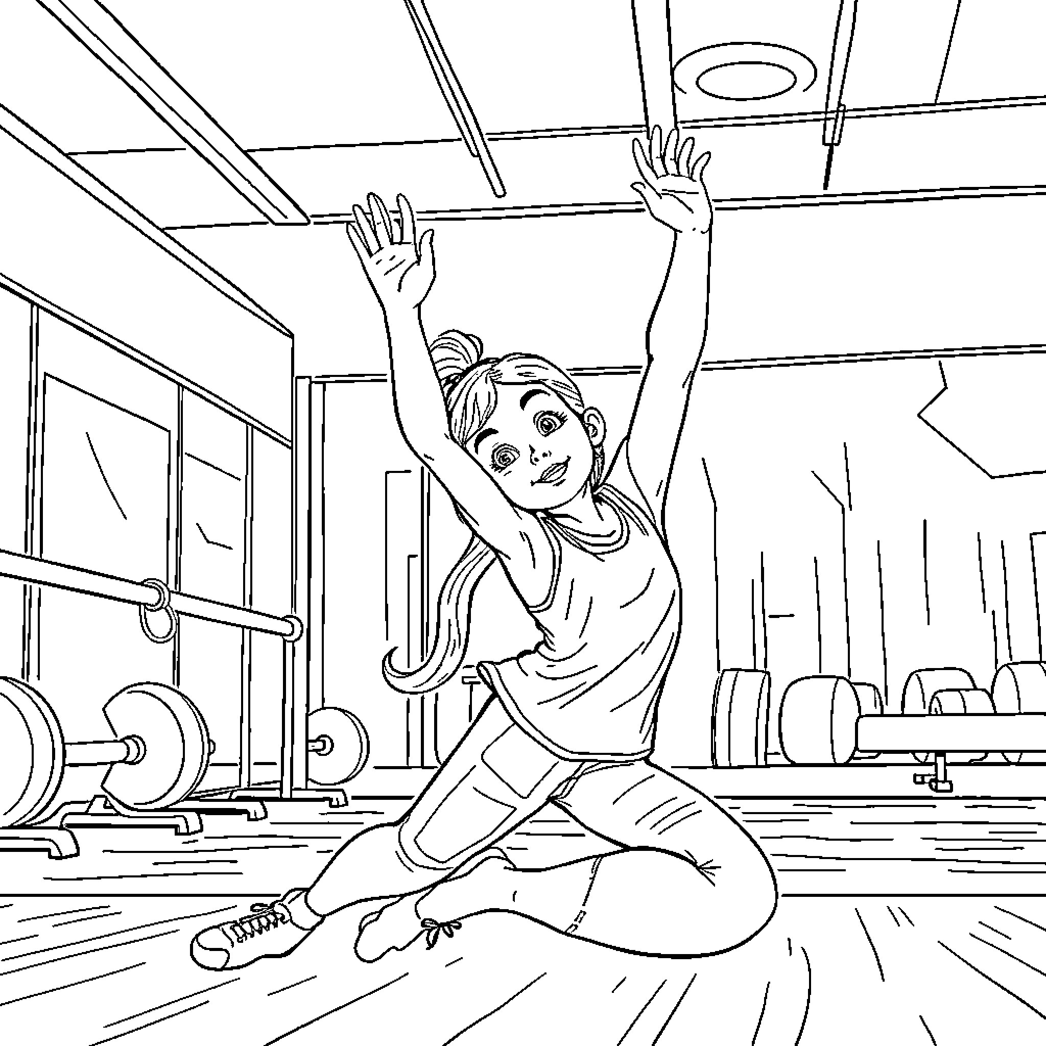Nina stretching and exercising in the gym Coloring Page (free black-and-white line drawing printable PDF for all, from beginners to advanced learners, including children, teens, adults, and seniors)