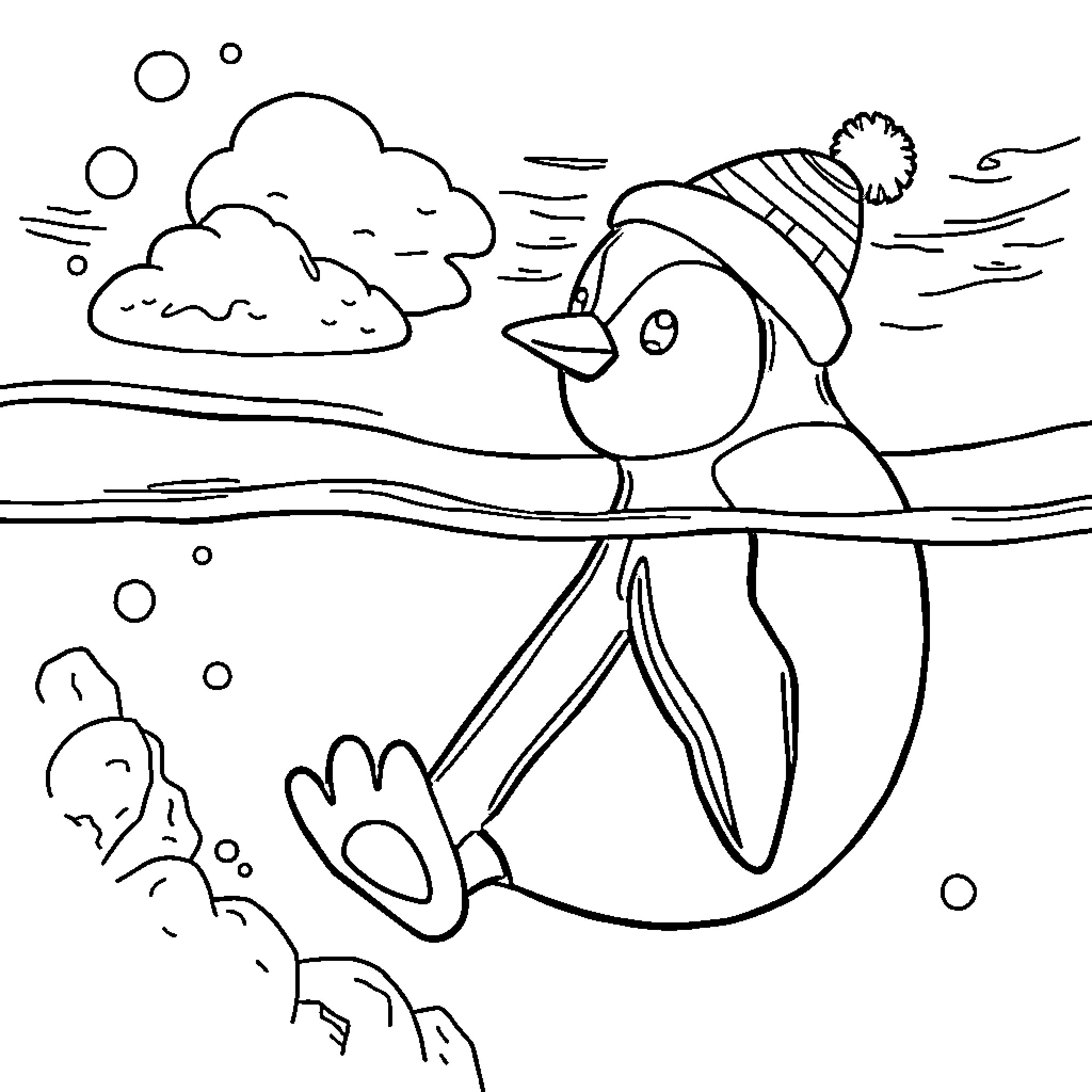 Penguin playing in the winter wonderland Coloring Page (free black-and-white line drawing printable PDF for all, from beginners to advanced learners, including children, teens, adults, and seniors)