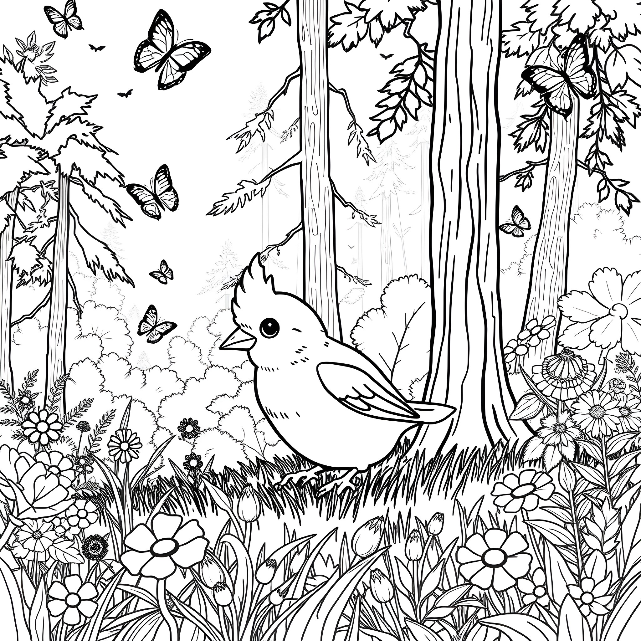 Torchic exploring a magical forest with butterflies Coloring Page (free black-and-white line drawing printable PDF for all, from beginners to advanced learners, including children, teens, adults, and seniors)