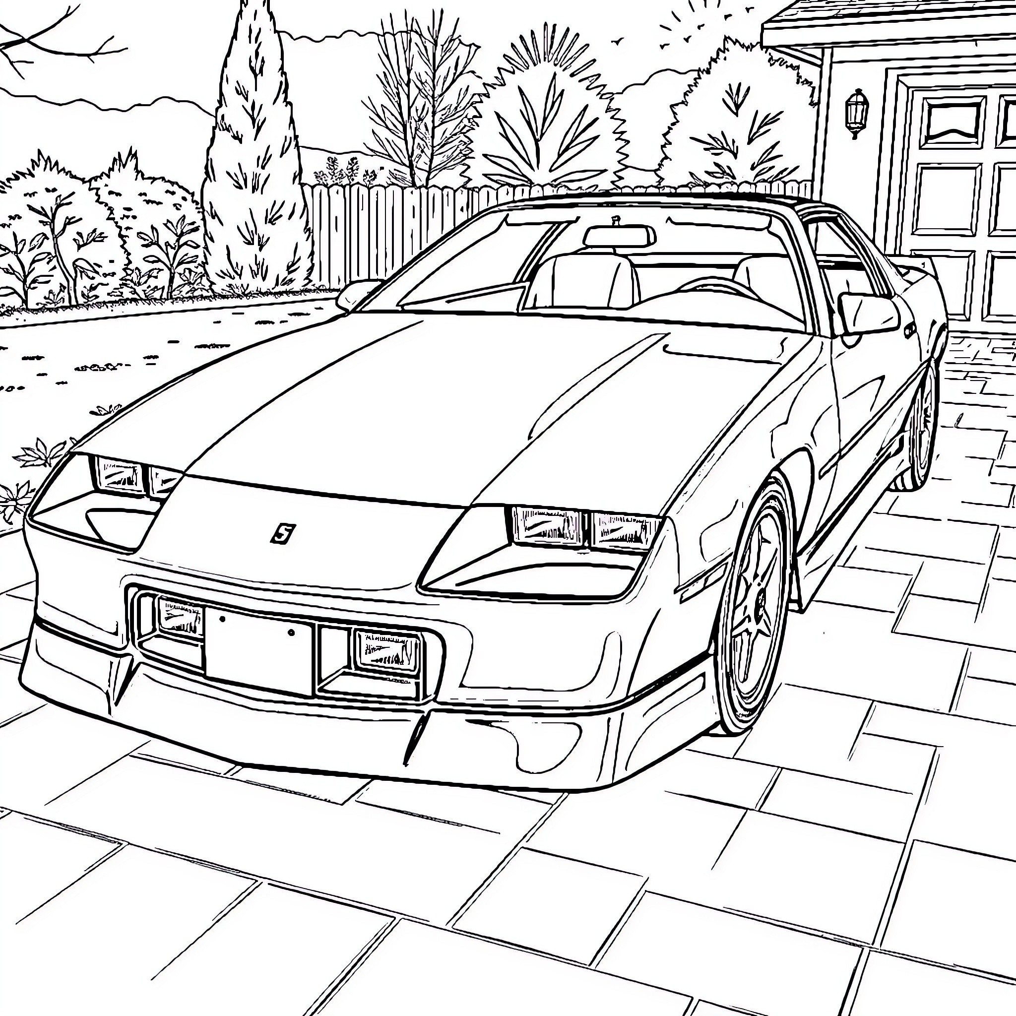 Chevrolet Camaro sports car in a scenic outdoor setting Coloring Page (free black-and-white line drawing printable PDF for all, from beginners to advanced learners, including children, teens, adults, and seniors)