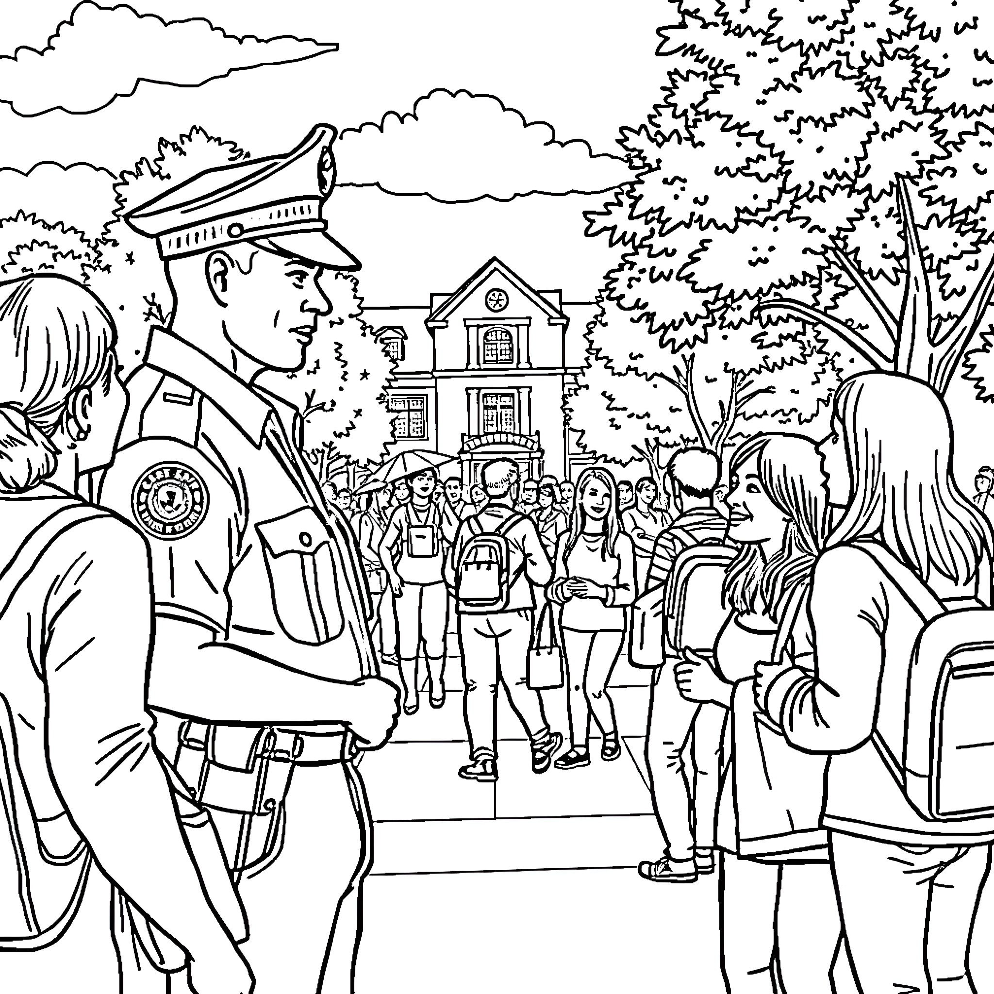 Police Officer Interacting with Crowd in Outdoor Setting Coloring Page (free black-and-white line drawing printable PDF for all, from beginners to advanced learners, including children, teens, adults, and seniors)
