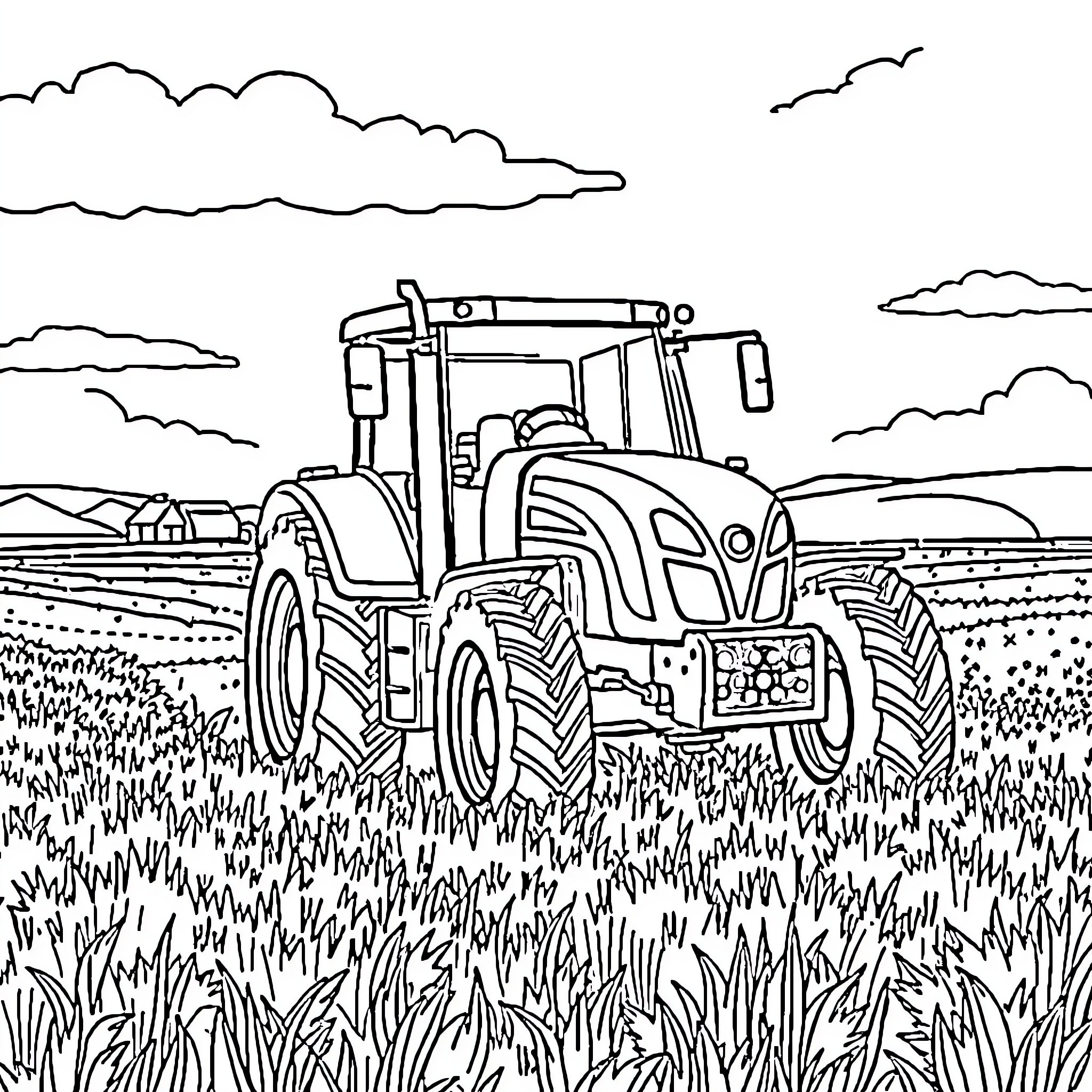 Tractor working in the field under cloudy sky Coloring Page (free black-and-white line drawing printable PDF for all, from beginners to advanced learners, including children, teens, adults, and seniors)