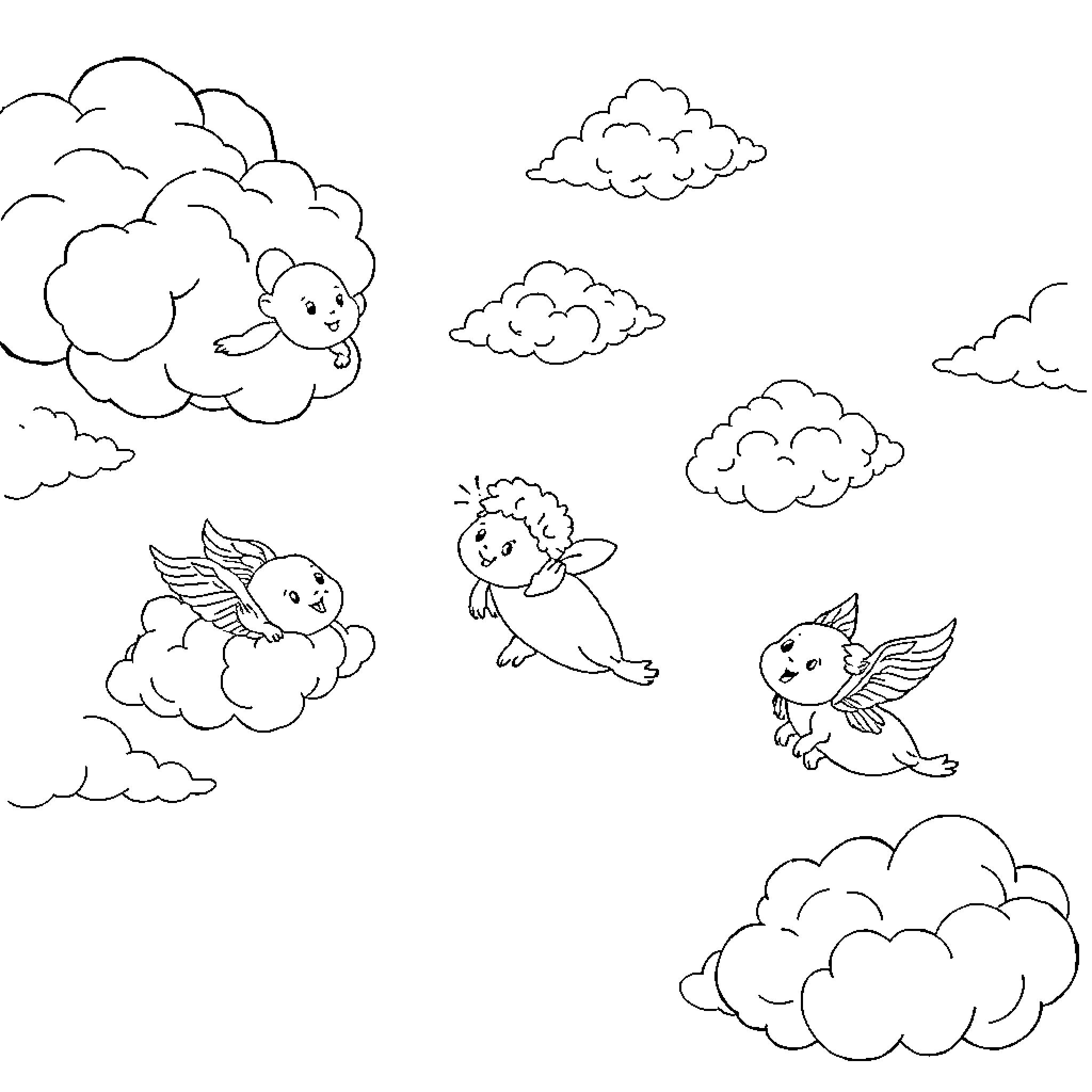 Cloud Baby Cherubs Playing Joyfully in Sky Coloring Page (free black-and-white line drawing printable PDF for all, from beginners to advanced learners, including children, teens, adults, and seniors)