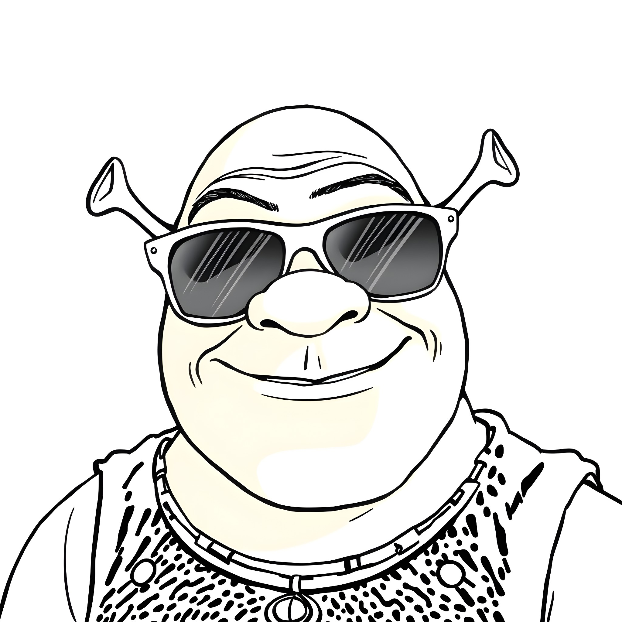 Shrek wearing sunglasses and making a funny face Coloring Page (free black-and-white line drawing printable PDF for all, from beginners to advanced learners, including children, teens, adults, and seniors)