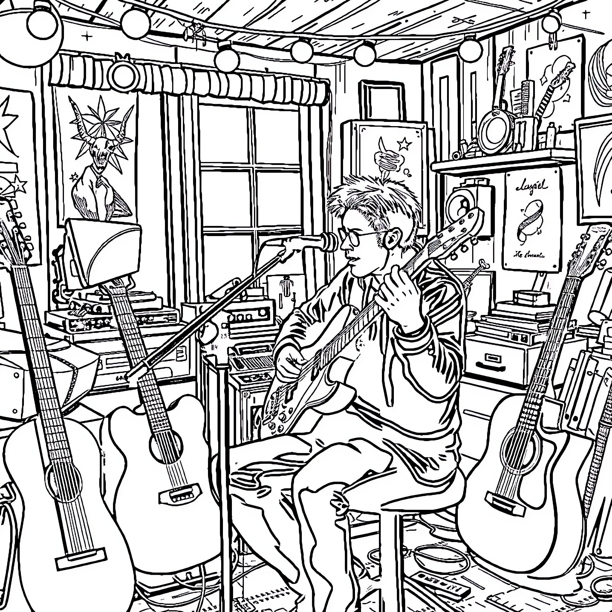 Francis Cabrel enjoying his music studio with guitars and artwork Coloring Page (free black-and-white line drawing printable PDF for all, from beginners to advanced learners, including children, teens, adults, and seniors)