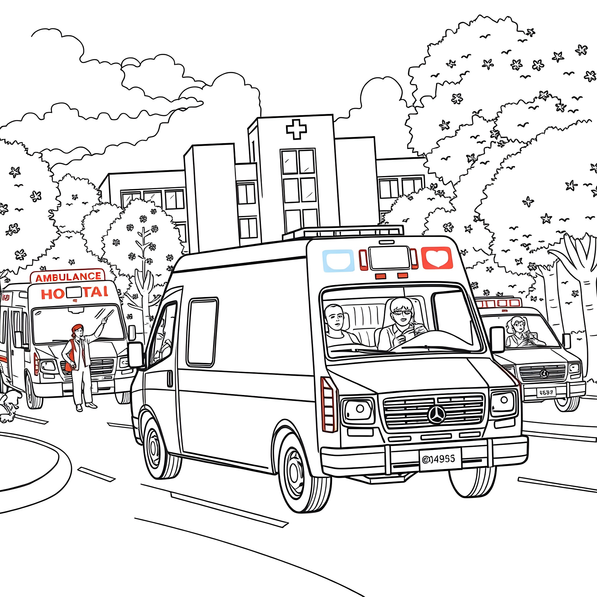 Ambulance rushing to emergency at hospital Coloring Page (free black-and-white line drawing printable PDF for all, from beginners to advanced learners, including children, teens, adults, and seniors)