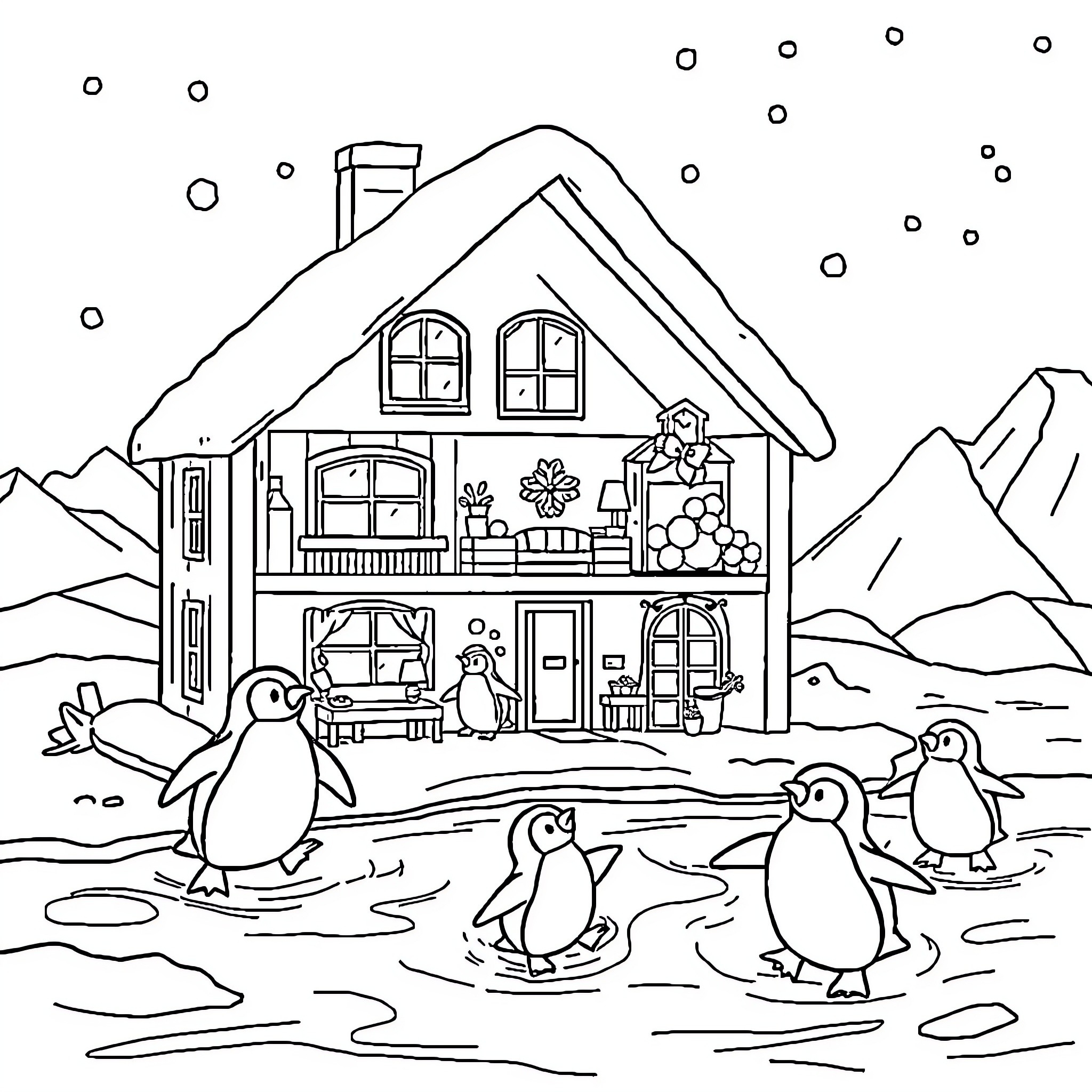 Gabby's Dollhouse - Penguins playing in the snowy landscape Coloring Page (free black-and-white line drawing printable PDF for all, from beginners to advanced learners, including children, teens, adults, and seniors)