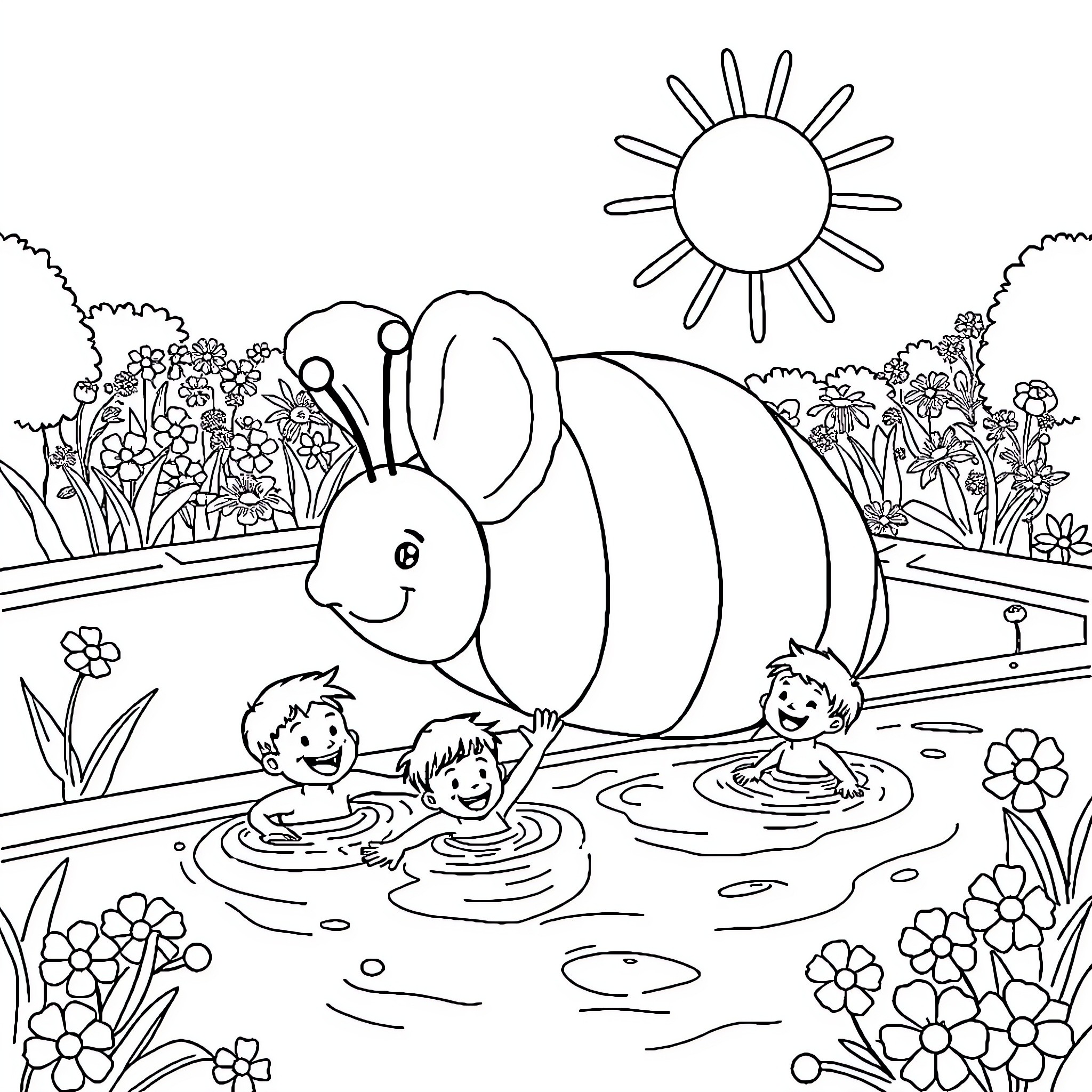 Enfant playing in a magical garden pond Coloring Page (free black-and-white line drawing printable PDF for all, from beginners to advanced learners, including children, teens, adults, and seniors)