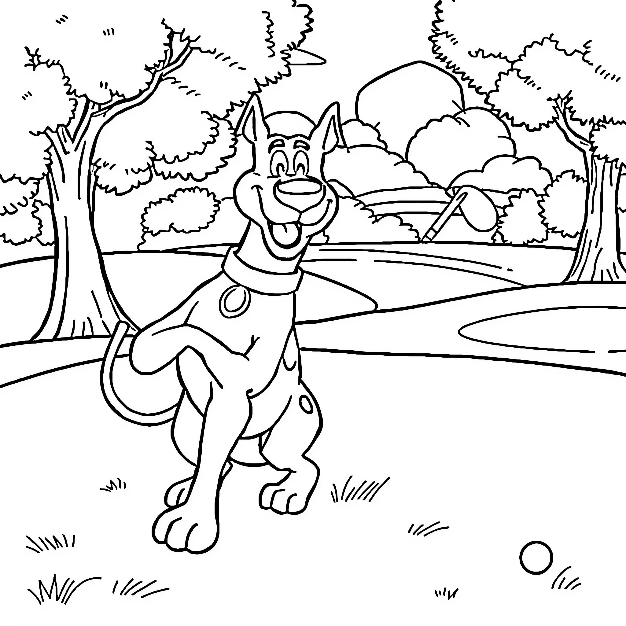 Scooby Doo enjoying nature in the forest Coloring Page (free black-and-white line drawing printable PDF for all, from beginners to advanced learners, including children, teens, adults, and seniors)