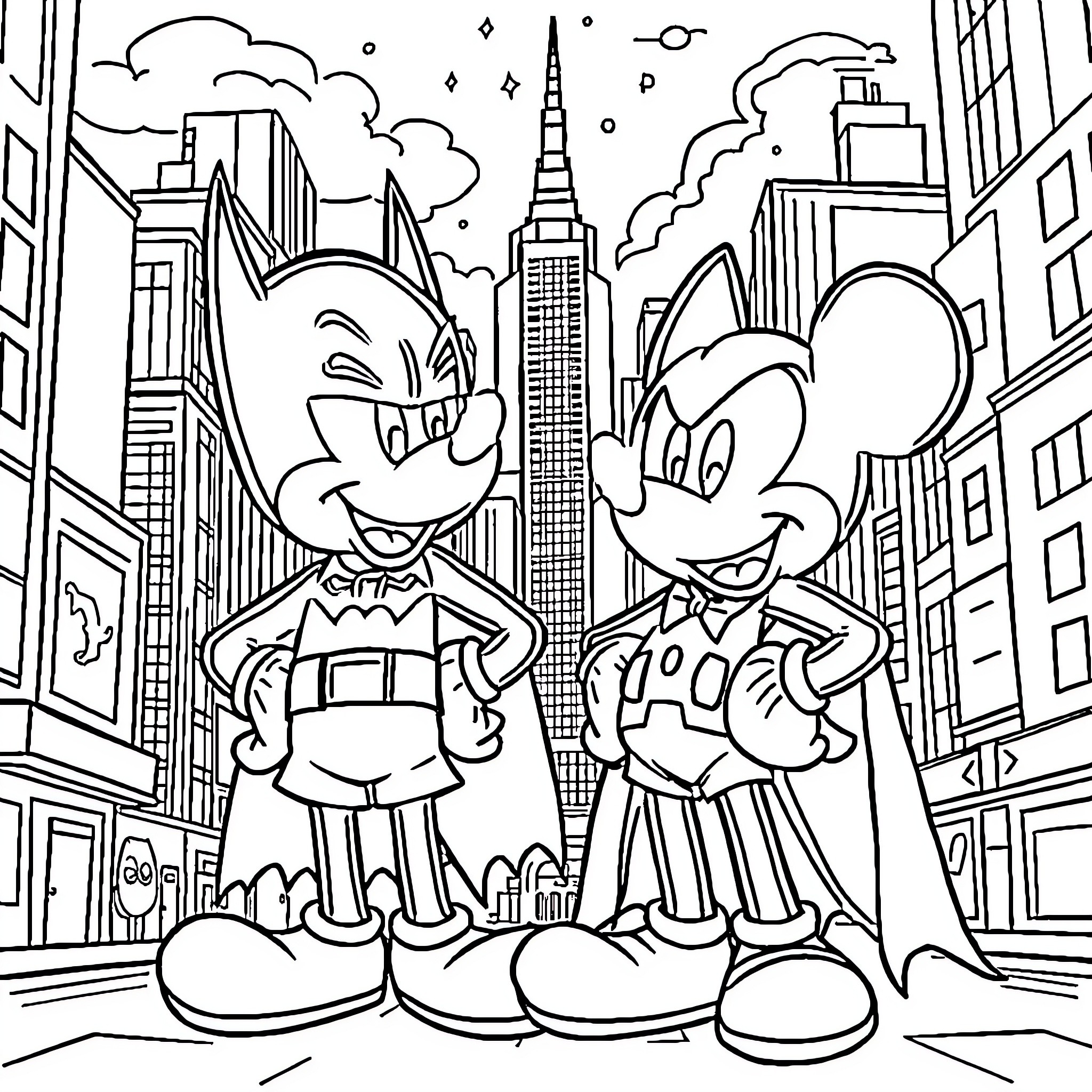 Mickey and Friends Explore the City Coloring Page (free black-and-white line drawing printable PDF for all, from beginners to advanced learners, including children, teens, adults, and seniors)