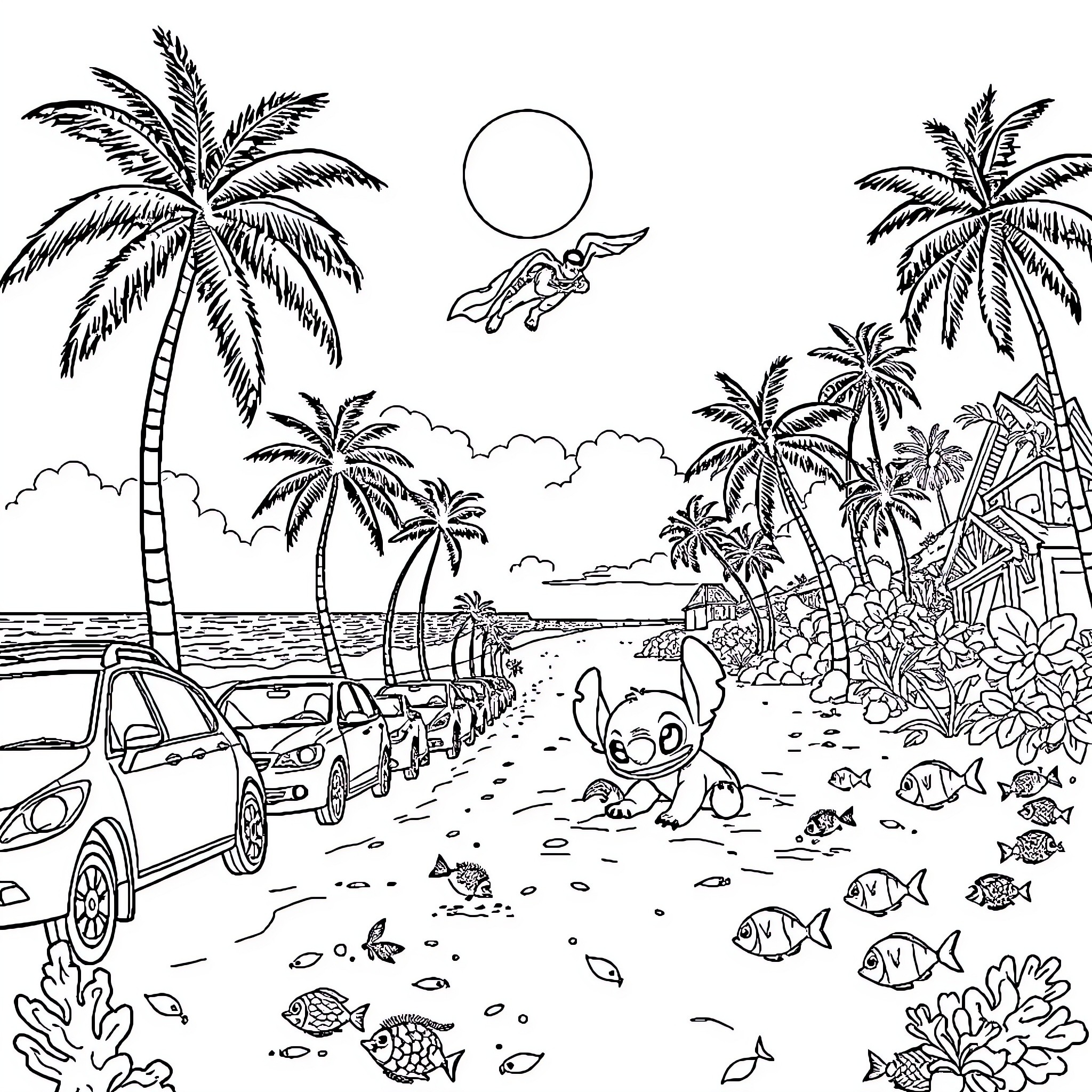 Car driving on a tropical beach with palm trees Coloring Page (free black-and-white line drawing printable PDF for all, from beginners to advanced learners, including children, teens, adults, and seniors)