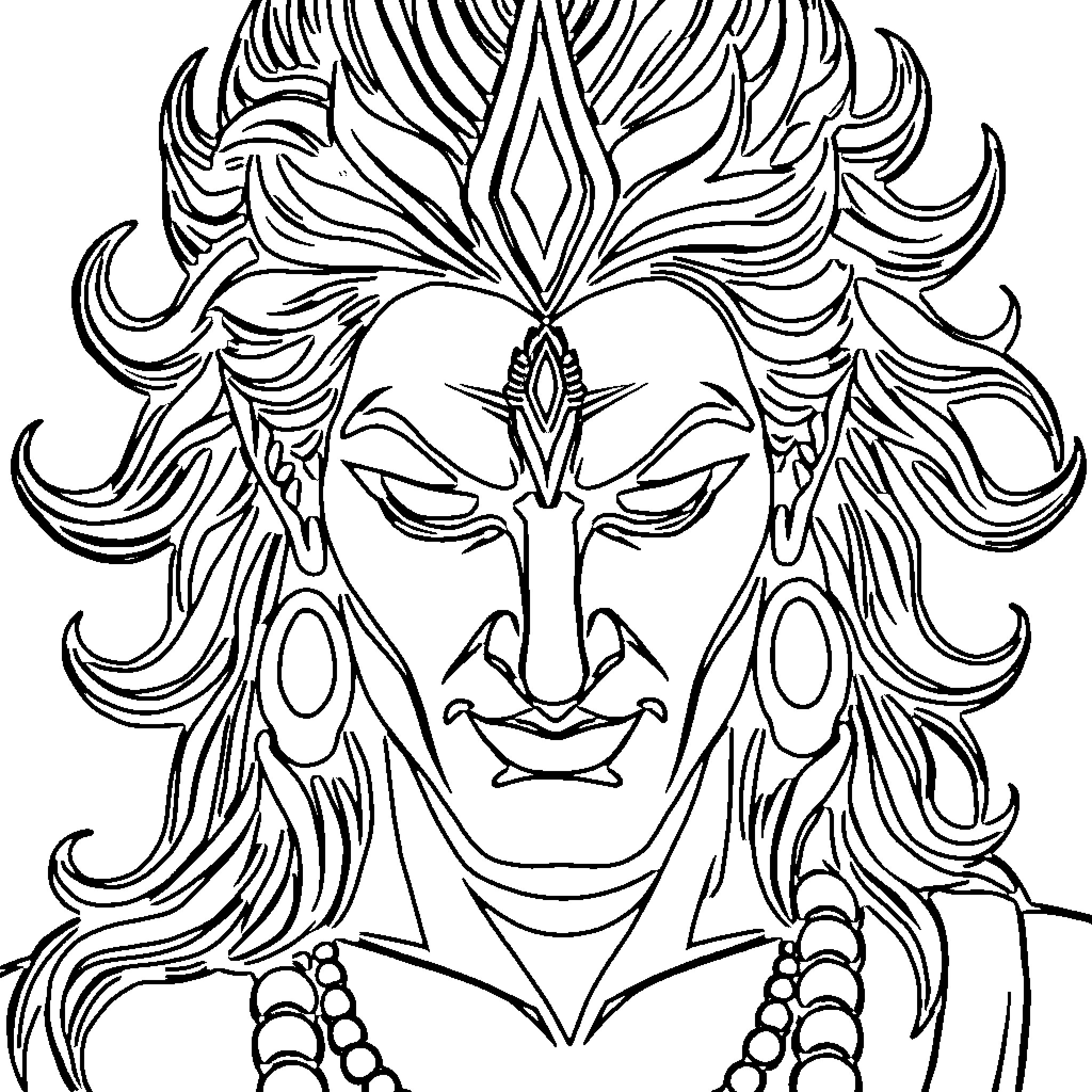 Shiva's Intense Gaze and Intricate Adornments Coloring Page (free black-and-white line drawing printable PDF for all, from beginners to advanced learners, including children, teens, adults, and seniors)