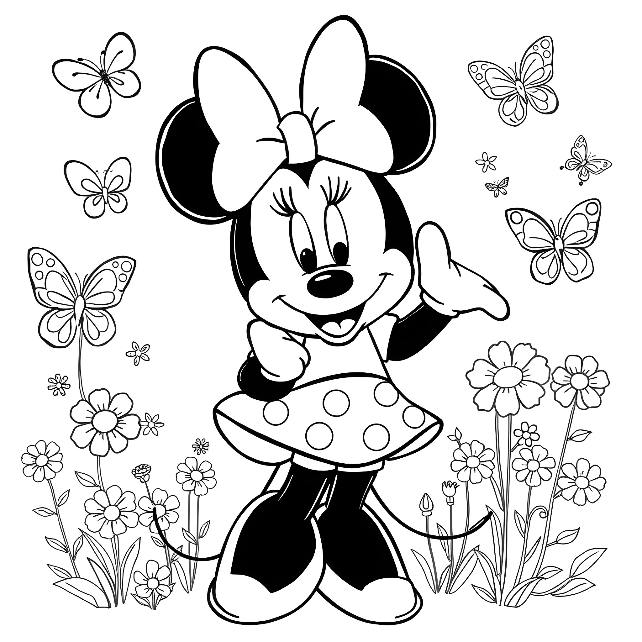 Minnie Mouse surrounded by cheerful butterflies and flowers Coloring Page (free black-and-white line drawing printable PDF for all, from beginners to advanced learners, including children, teens, adults, and seniors)