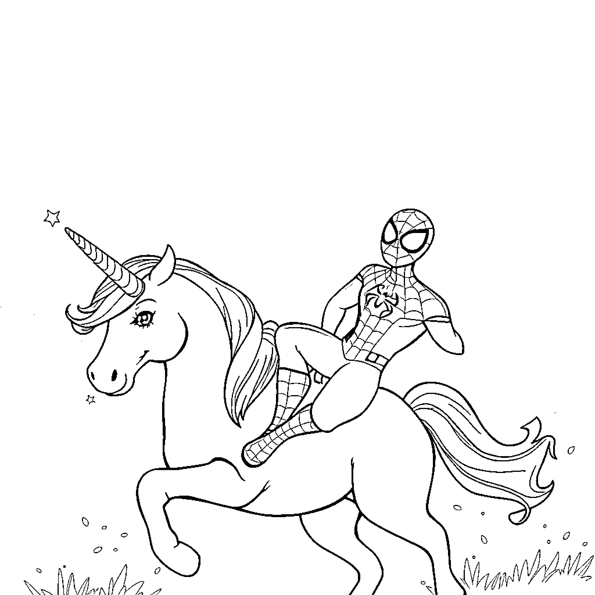 Spider-Man riding a unicorn with stars Coloring Page (free black-and-white line drawing printable PDF for all, from beginners to advanced learners, including children, teens, adults, and seniors)