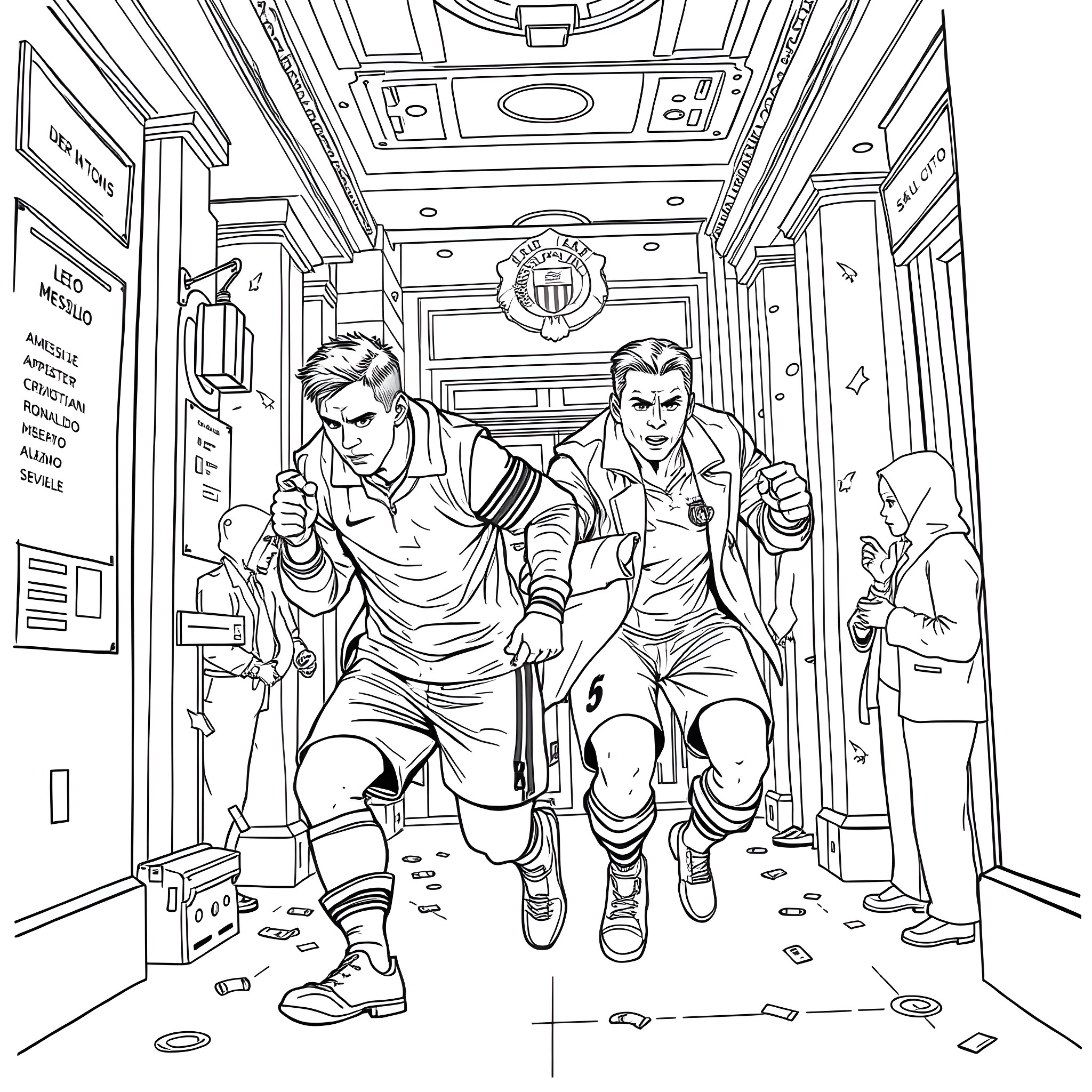 Messi rushing through the stadium tunnel Coloring Page (free black-and-white line drawing printable PDF for all, from beginners to advanced learners, including children, teens, adults, and seniors)