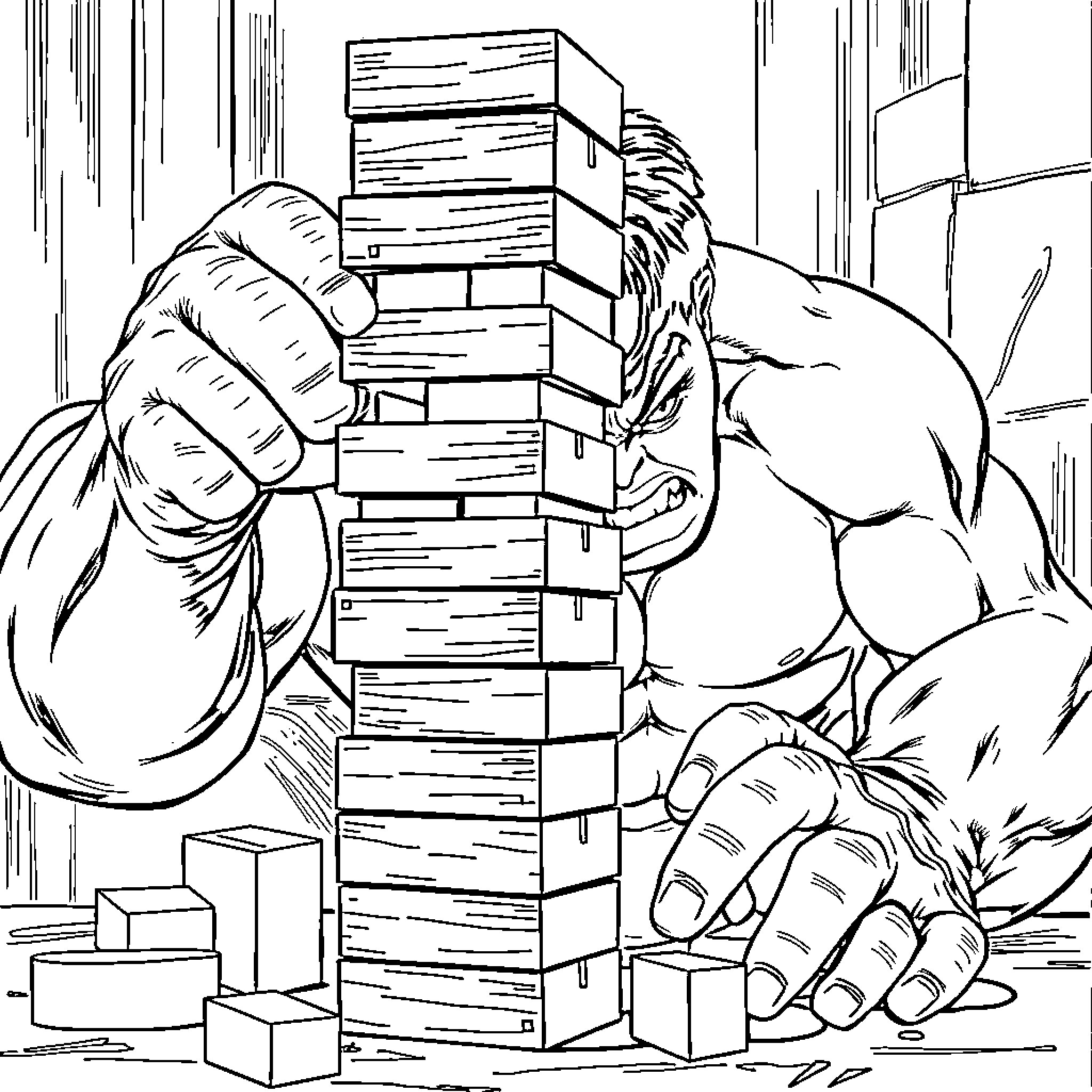 Hulk Topples Wooden Blocks in Rage Coloring Page (free black-and-white line drawing printable PDF for all, from beginners to advanced learners, including children, teens, adults, and seniors)