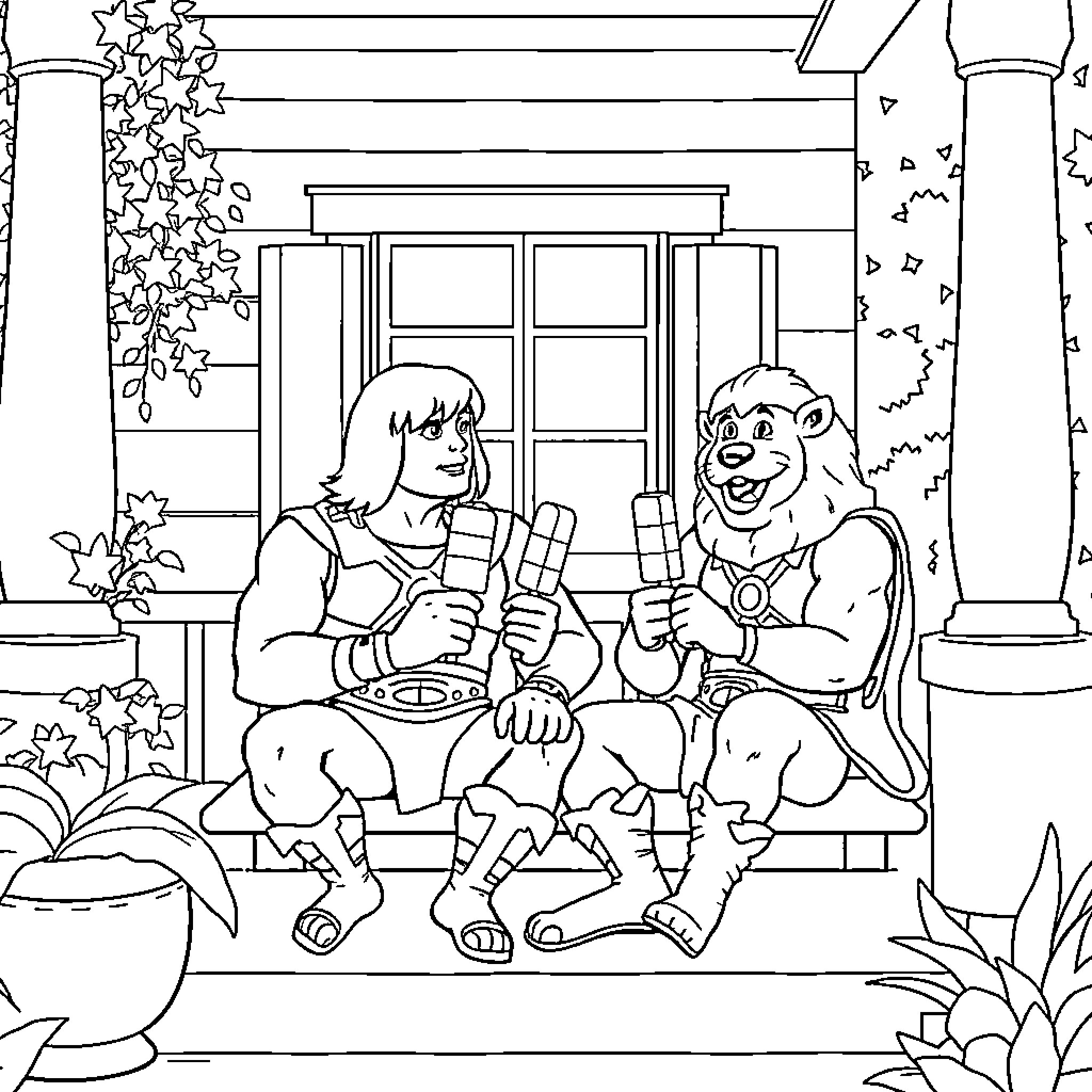 Heman and Companion Enjoying Outdoors Coloring Page (free black-and-white line drawing printable PDF for all, from beginners to advanced learners, including children, teens, adults, and seniors)