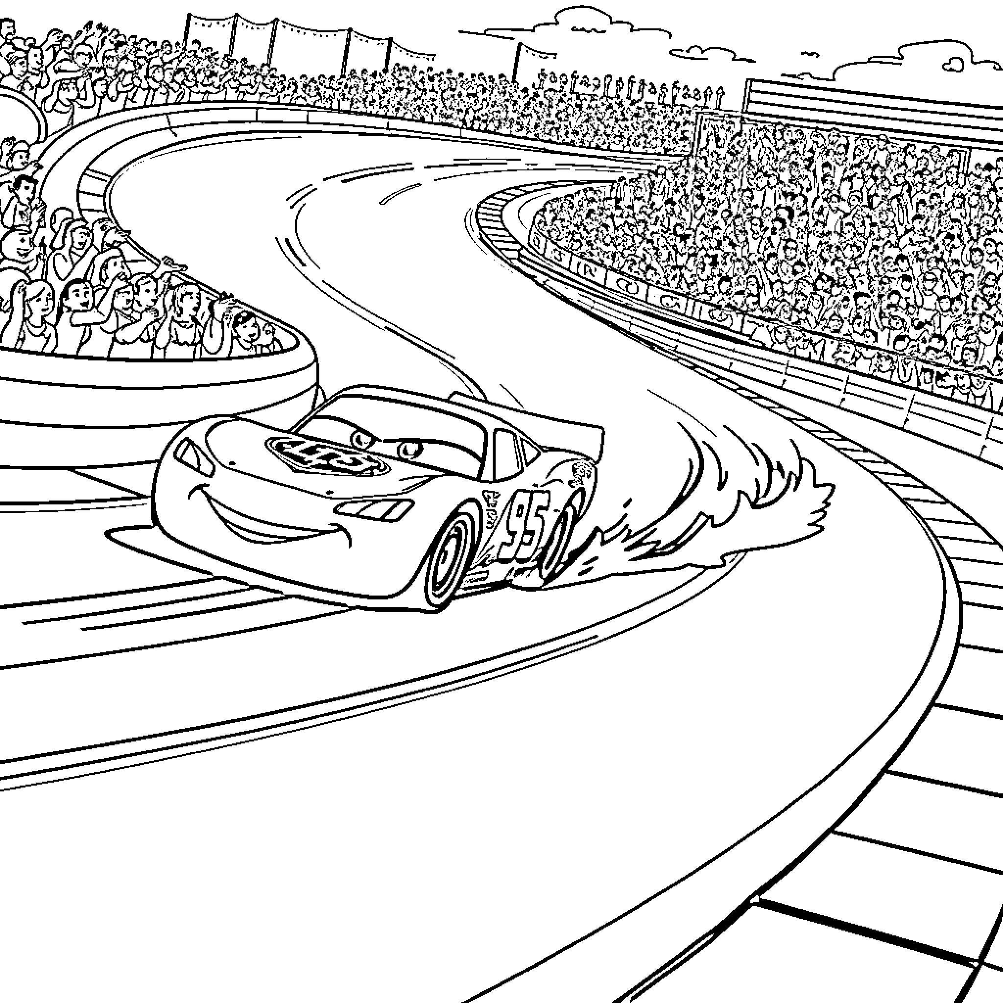 Lightning McQueen Racing on the Track with Cheering Crowd Coloring Page (free black-and-white line drawing printable PDF for all, from beginners to advanced learners, including children, teens, adults, and seniors)