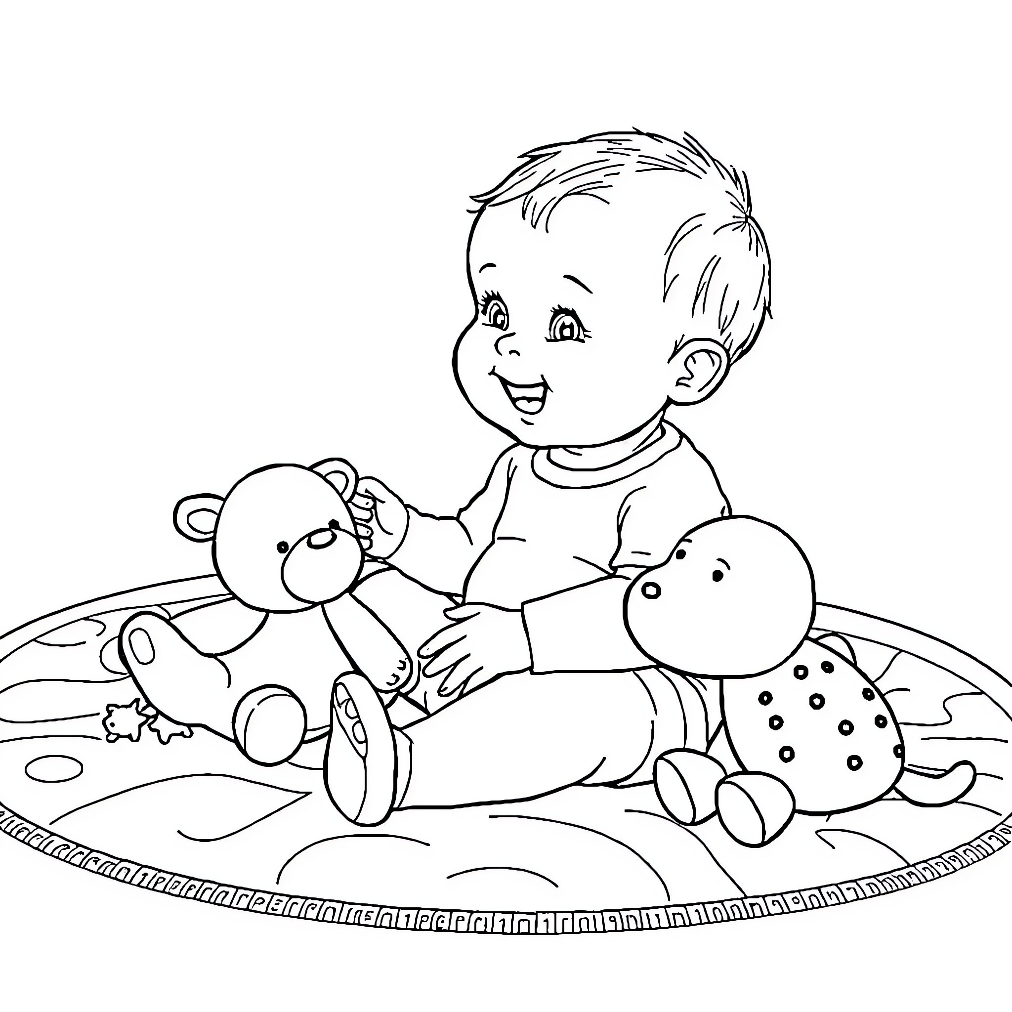 Baby playing happily with stuffed toys Coloring Page (free black-and-white line drawing printable PDF for all, from beginners to advanced learners, including children, teens, adults, and seniors)