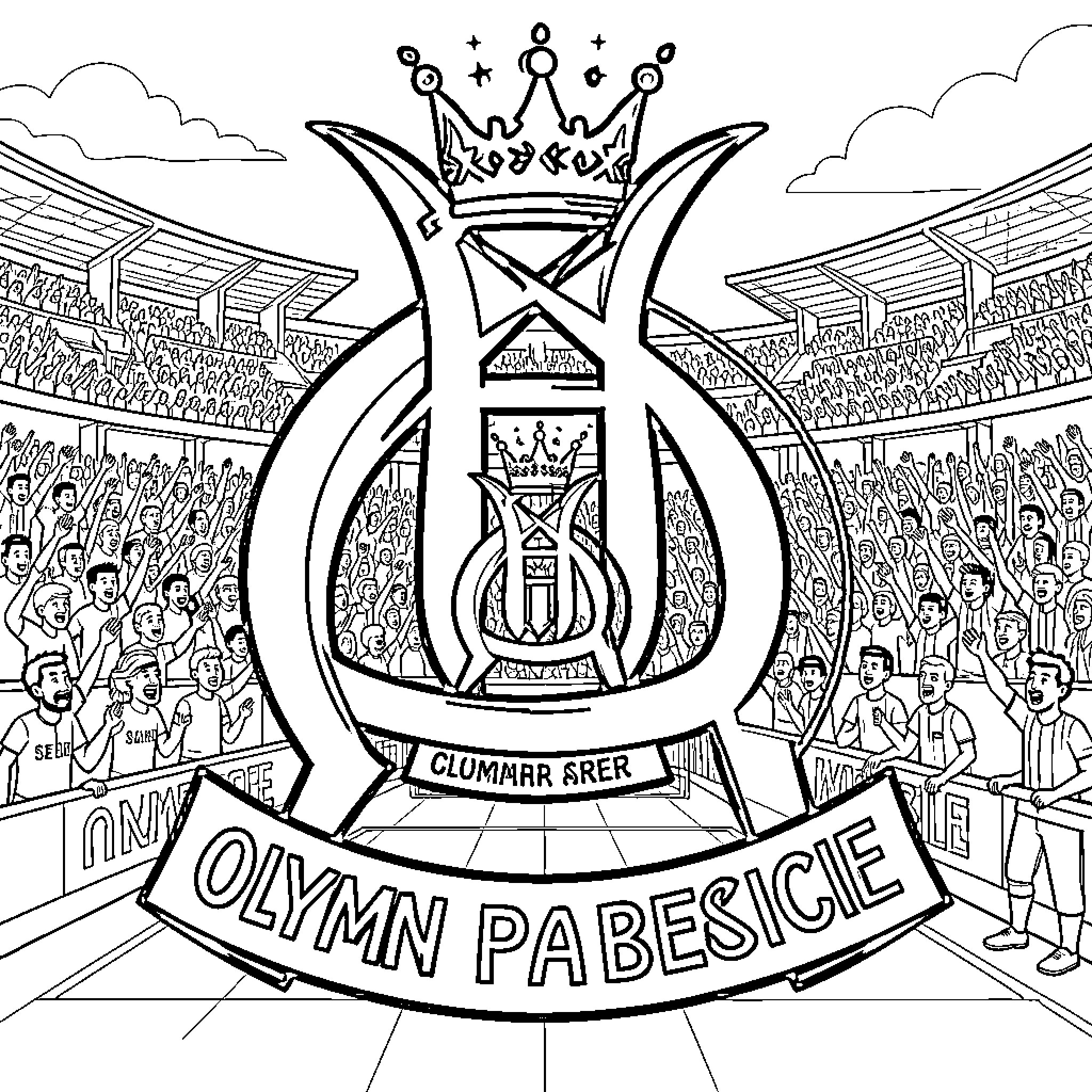 Olympique de Marseille emblem amidst cheering stadium crowds Coloring Page (free black-and-white line drawing printable PDF for all, from beginners to advanced learners, including children, teens, adults, and seniors)