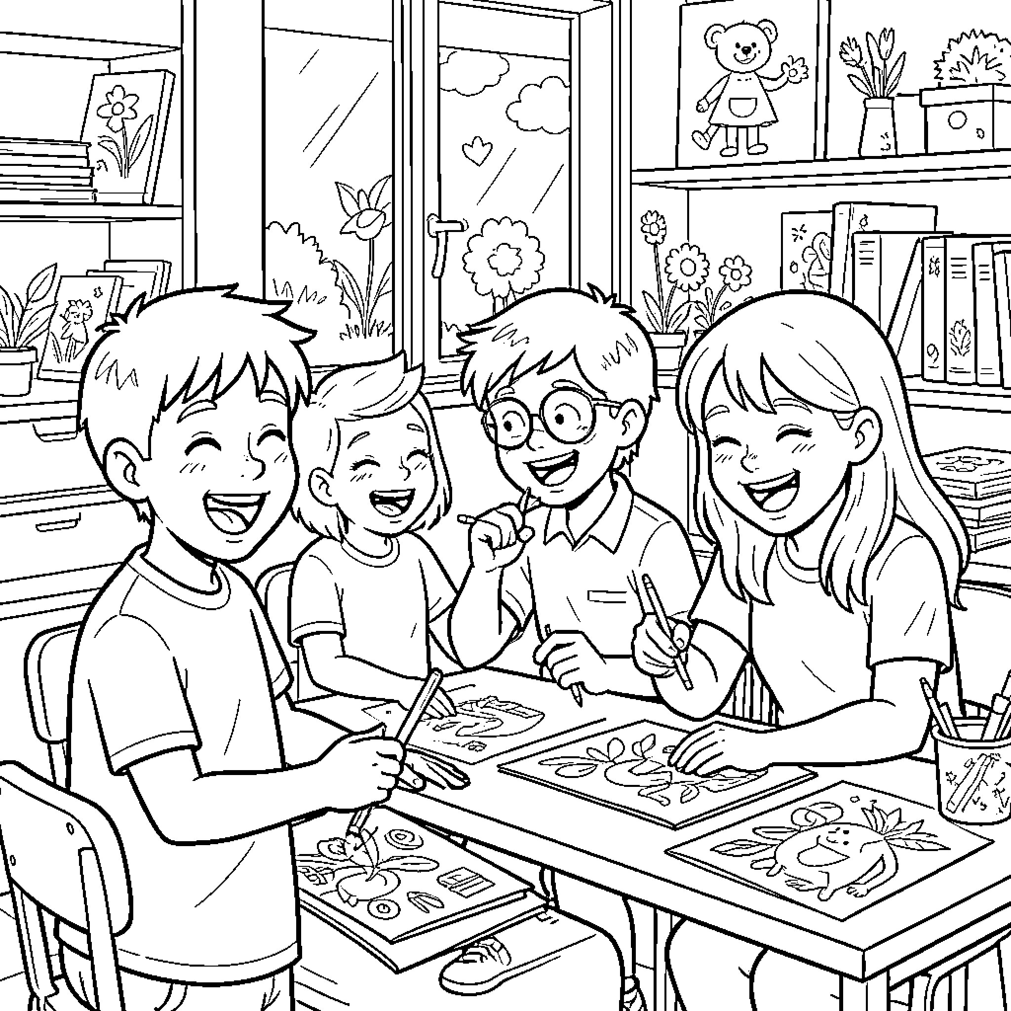 Schoolchildren Engaged in Artistic Creations Coloring Page (free black-and-white line drawing printable PDF for all, from beginners to advanced learners, including children, teens, adults, and seniors)