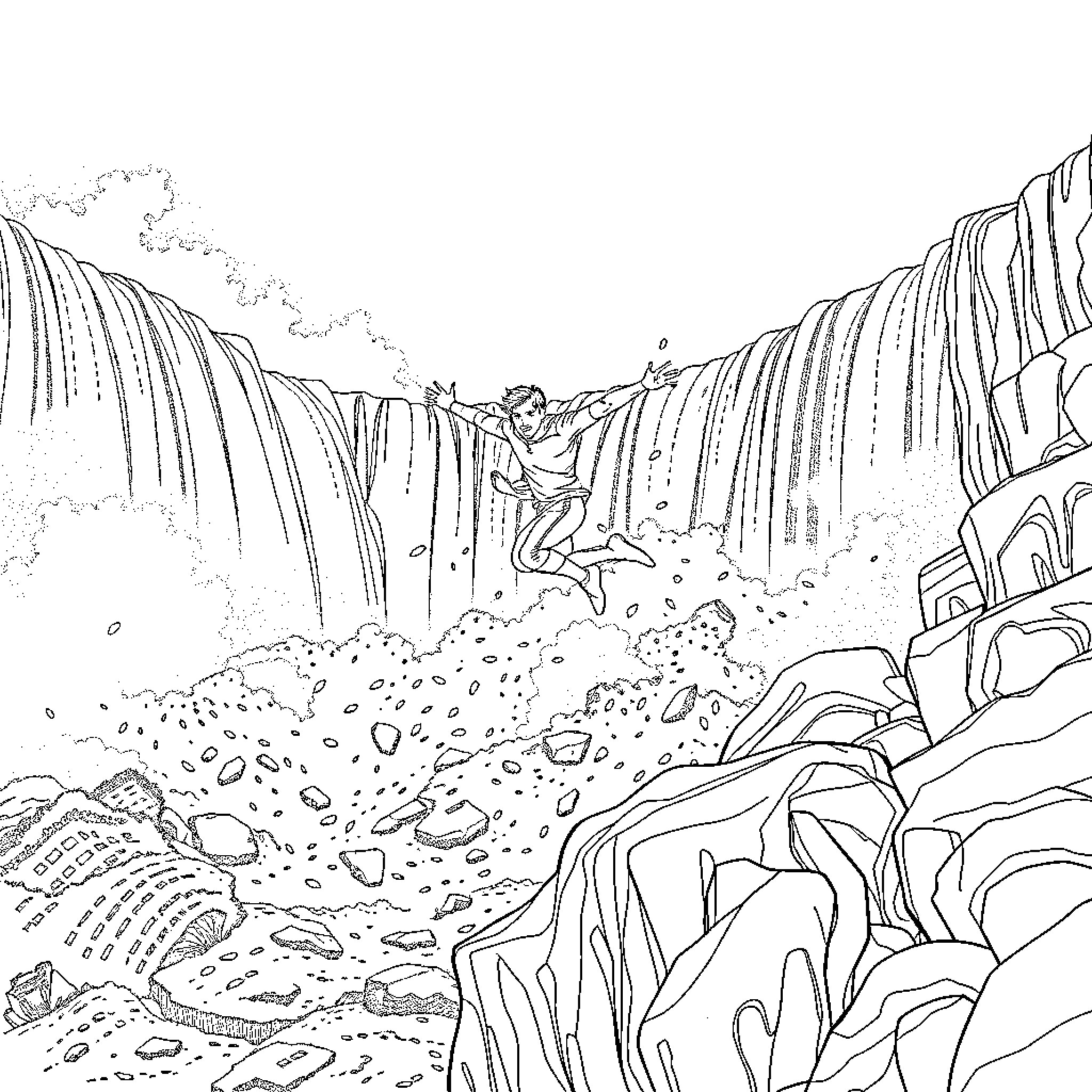 Josh Allen exploring treacherous mountain terrain Coloring Page (free black-and-white line drawing printable PDF for all, from beginners to advanced learners, including children, teens, adults, and seniors)