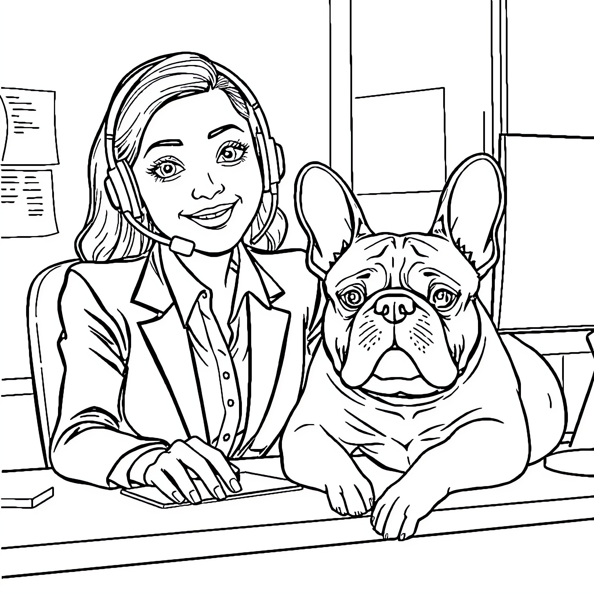 Office Worker and Friendly French Bulldog Coloring Page (free black-and-white line drawing printable PDF for all, from beginners to advanced learners, including children, teens, adults, and seniors)