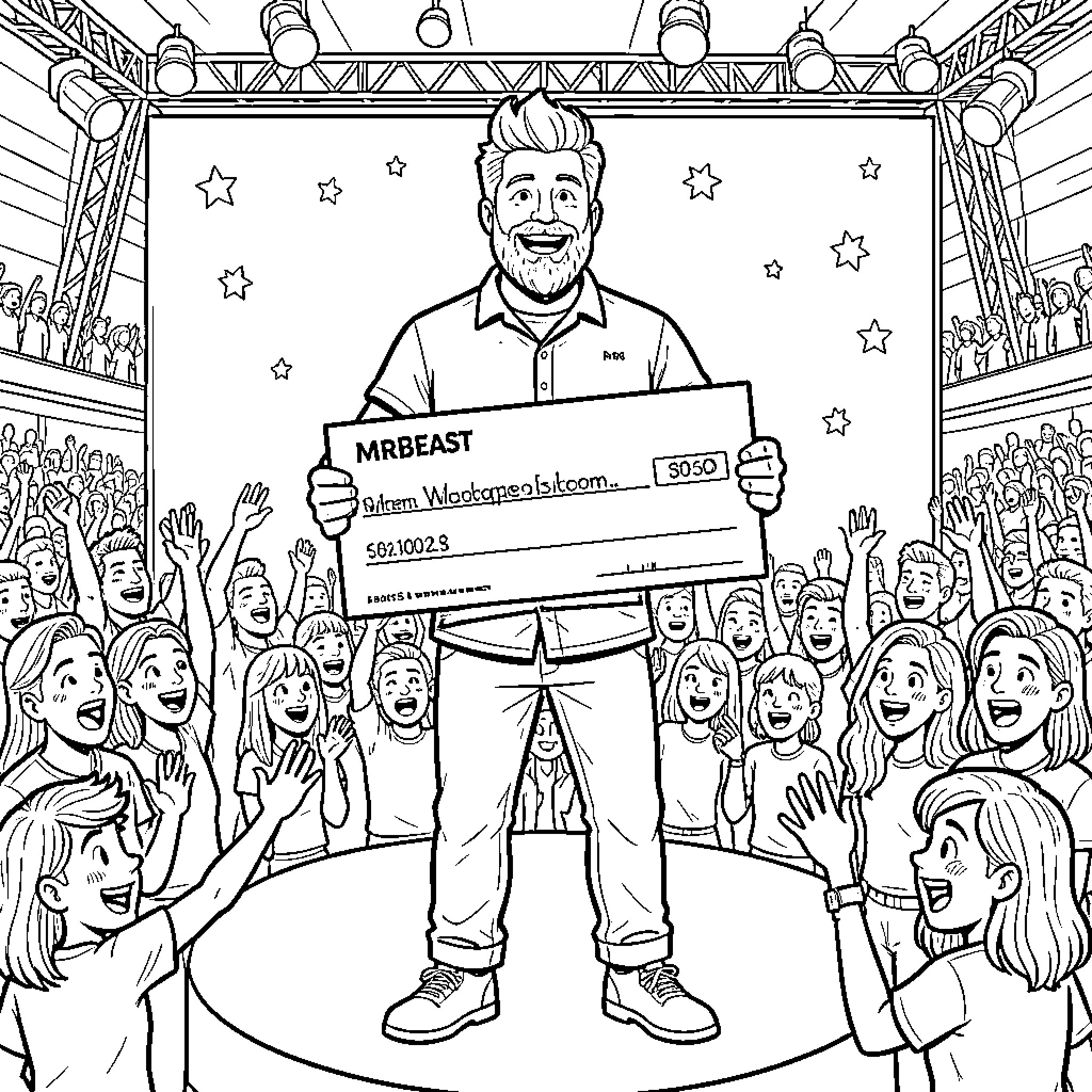 MrBeast smiling while holding a giant check for a crowd Coloring Page (free black-and-white line drawing printable PDF for all, from beginners to advanced learners, including children, teens, adults, and seniors)