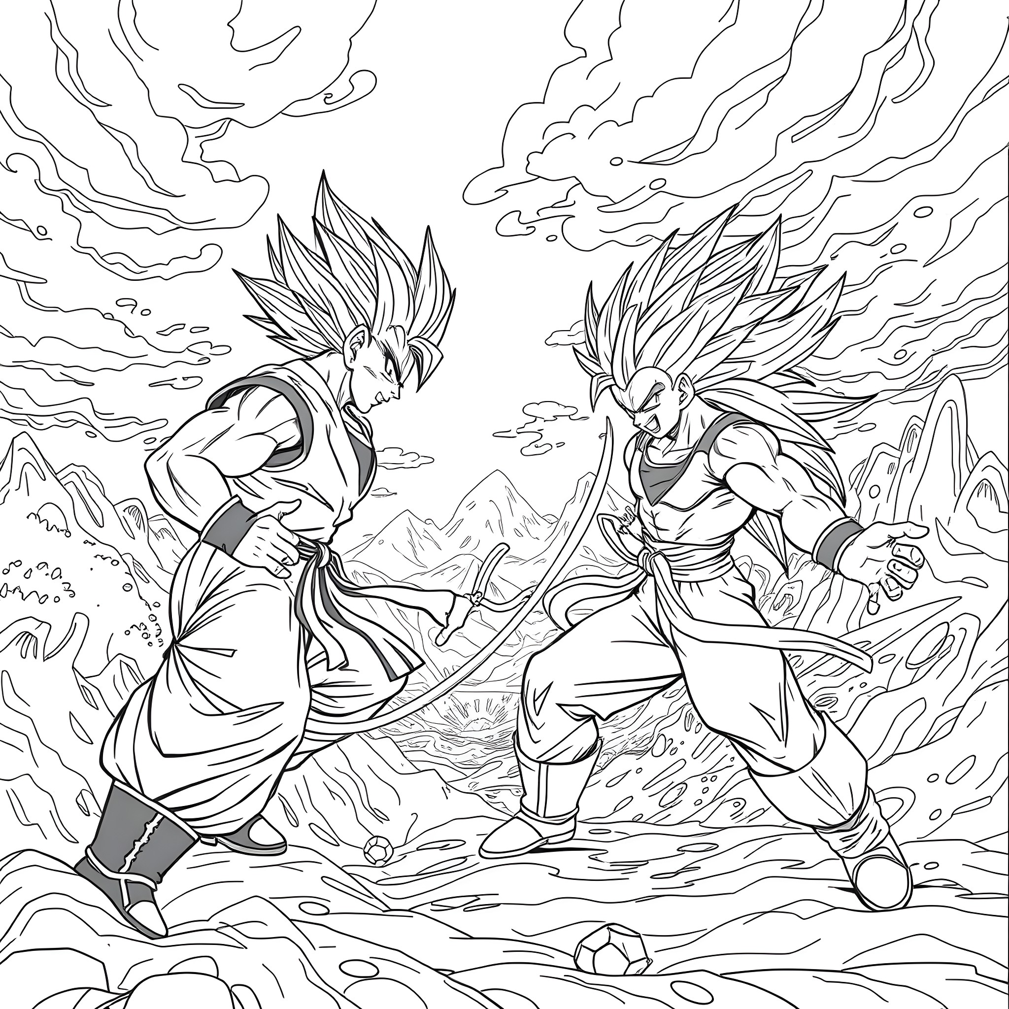 Dragon Ball Z - Legendary Saiyans Battle Coloring Page (free black-and-white line drawing printable PDF for all, from beginners to advanced learners, including children, teens, adults, and seniors)