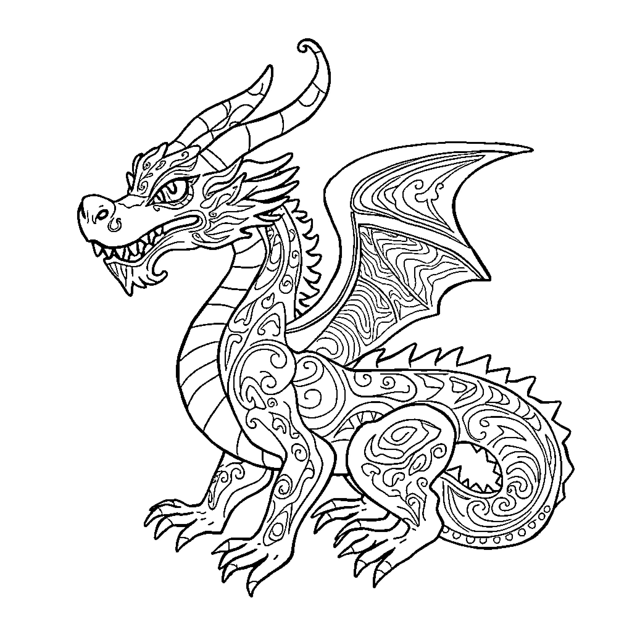 Dragon displaying intricate ornate patterns Coloring Page (free black-and-white line drawing printable PDF for all, from beginners to advanced learners, including children, teens, adults, and seniors)